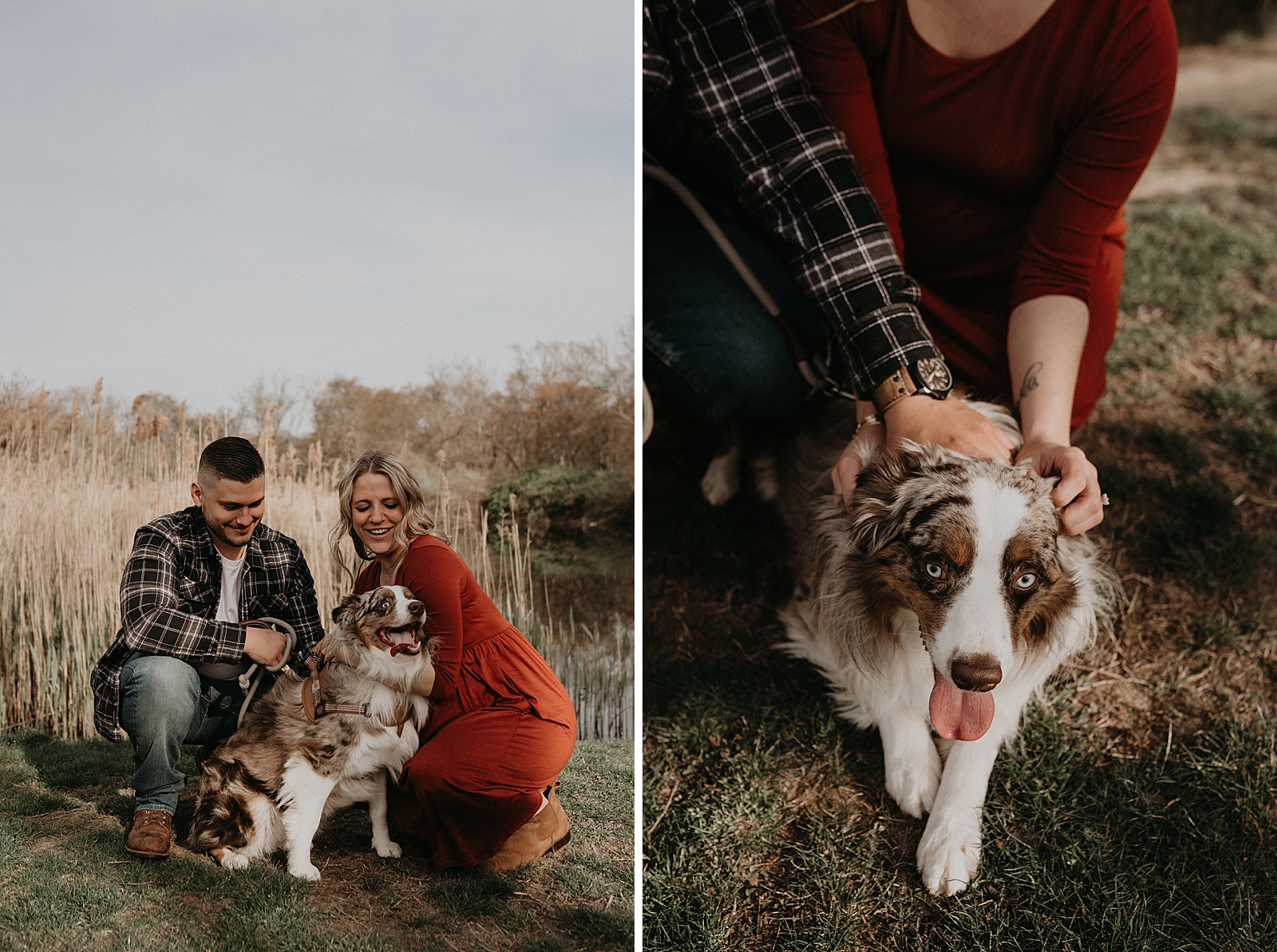 Couple leaning down and holding family dog