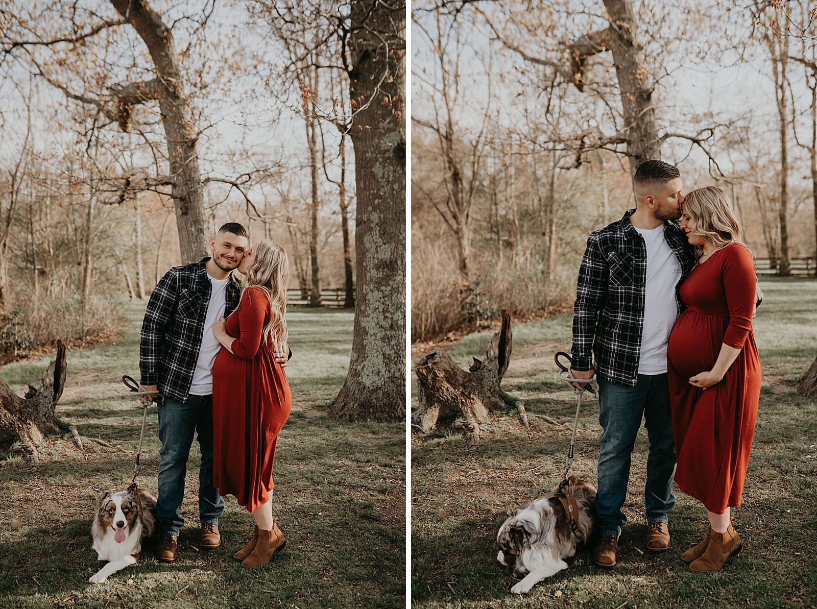 Pregnant woman kissing man on the cheek out in the forest with man holding leash for dog