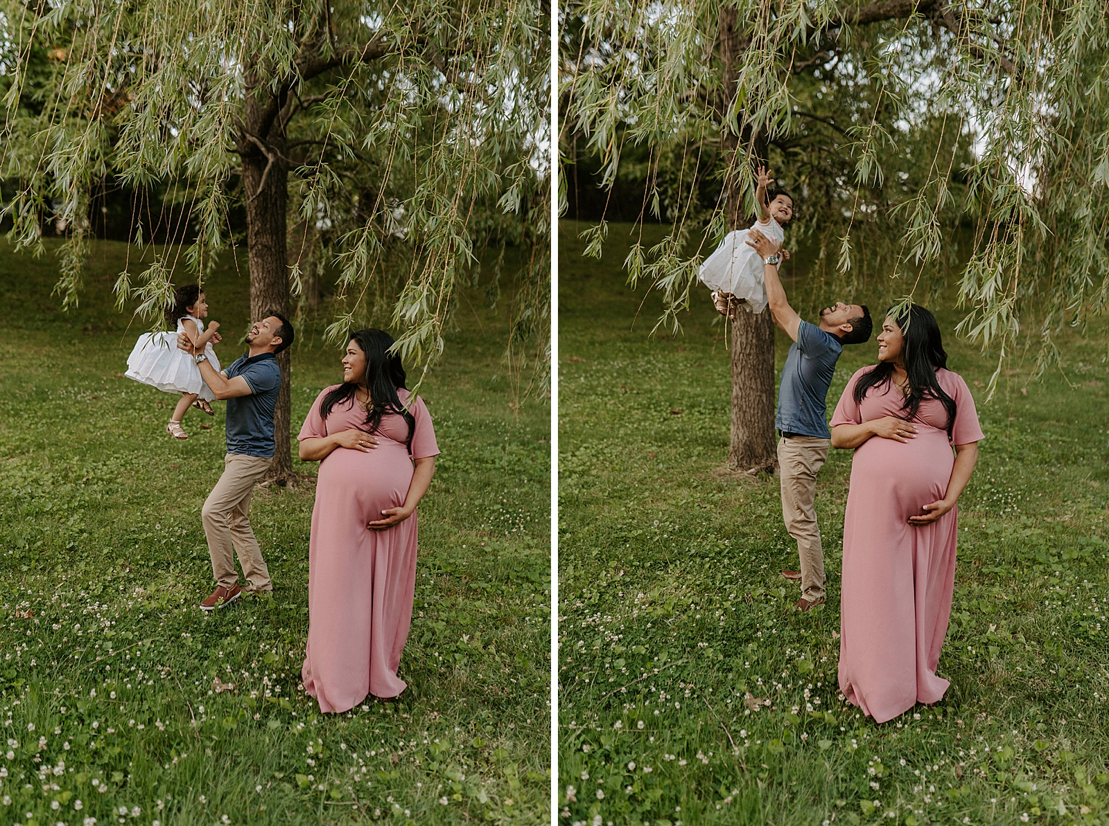 Dad throwing toddler daughter up in the air with pregnant mother holding baby bump