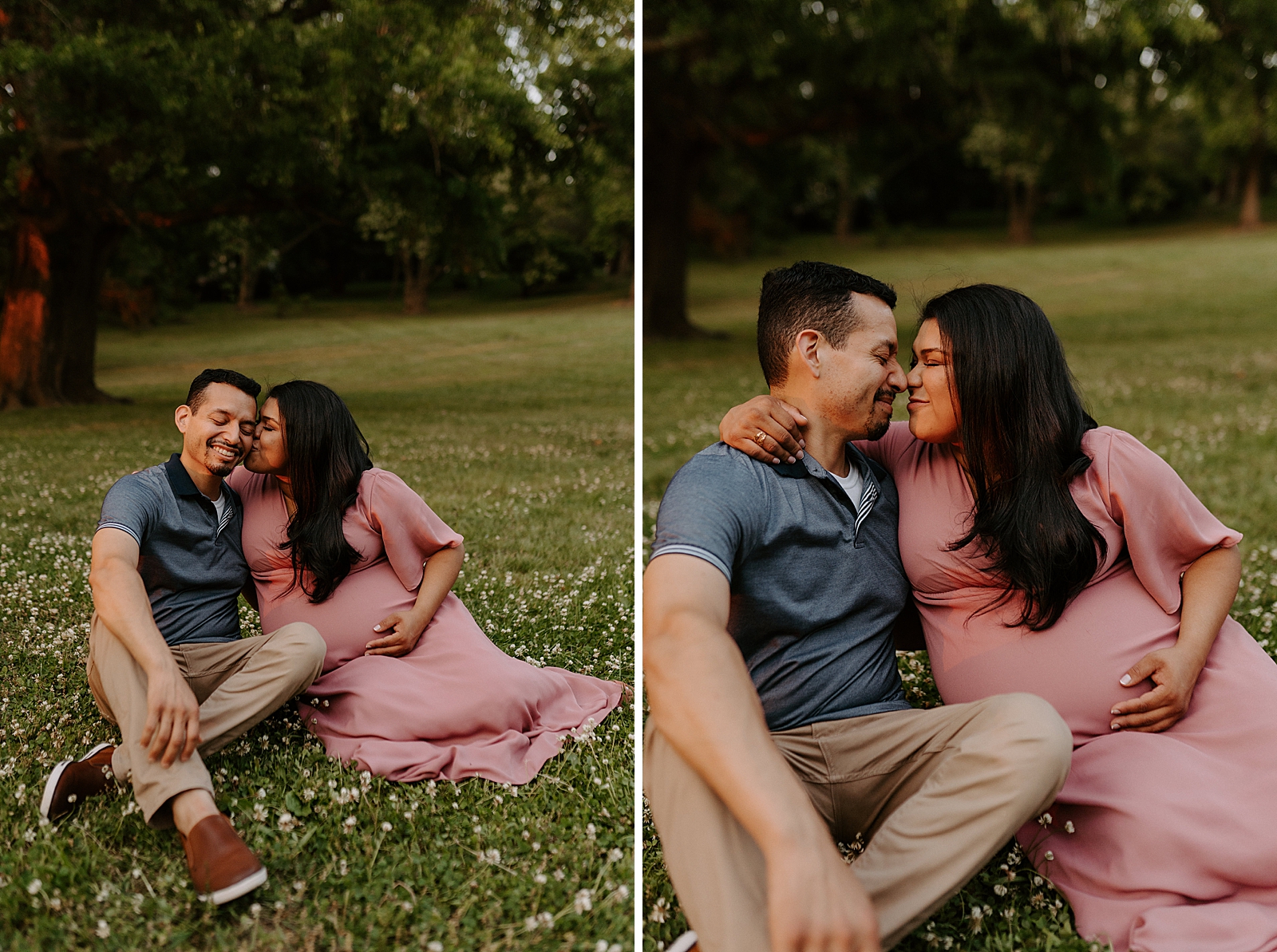 Pregnant couple sitting on grassy field together