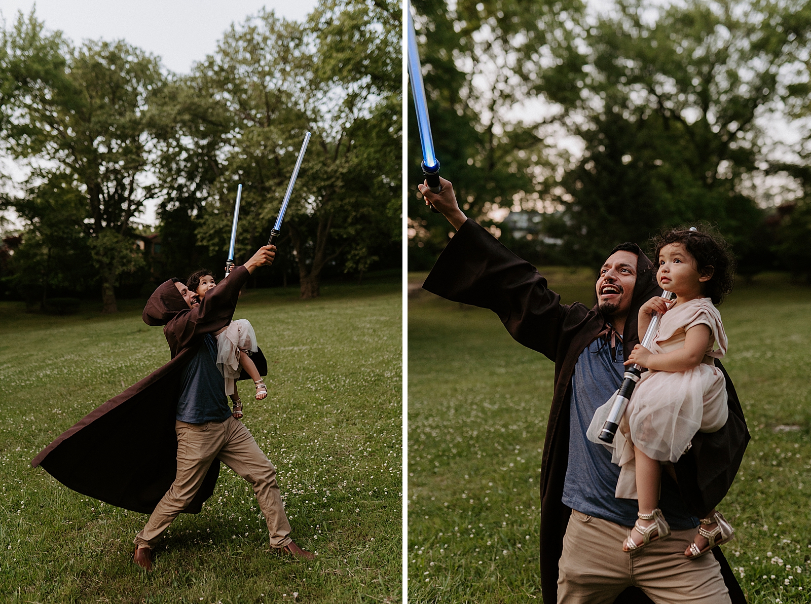 Father holding daughter with both of them holding lightsabers on grassy field