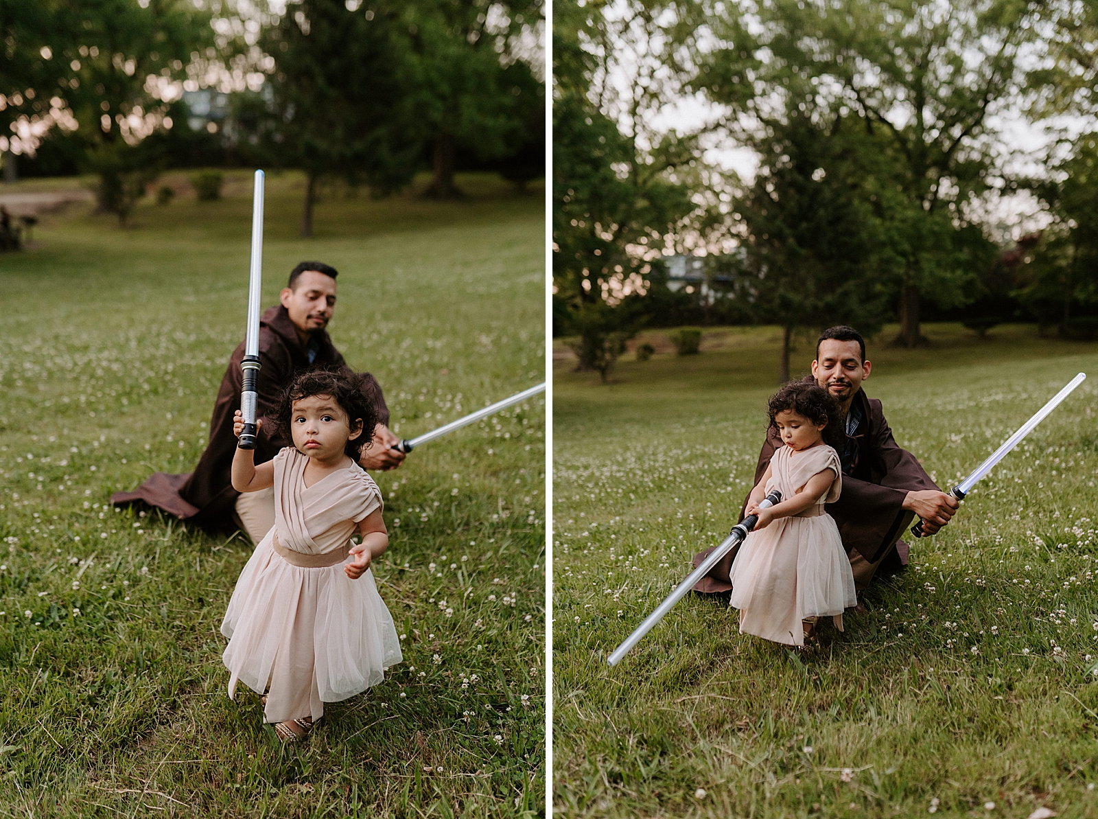 Dad crouching down with lightsaber in front of toddler with lightsaber on grass field