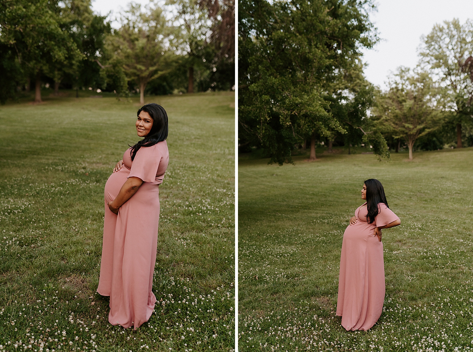 Portraits of pregnant woman on grassy field holding baby bump