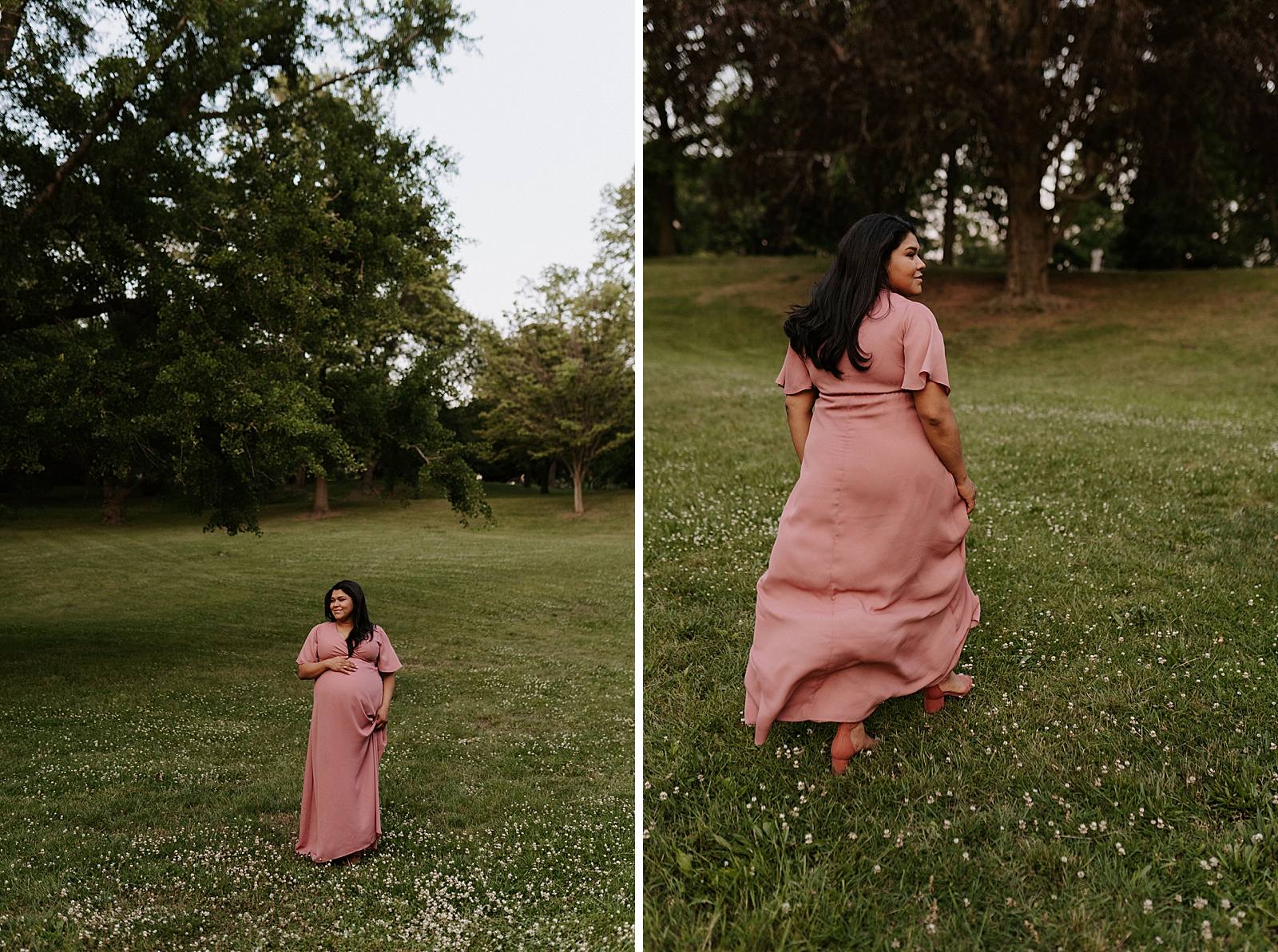 Pregnant woman standing on grassy field holding baby bump