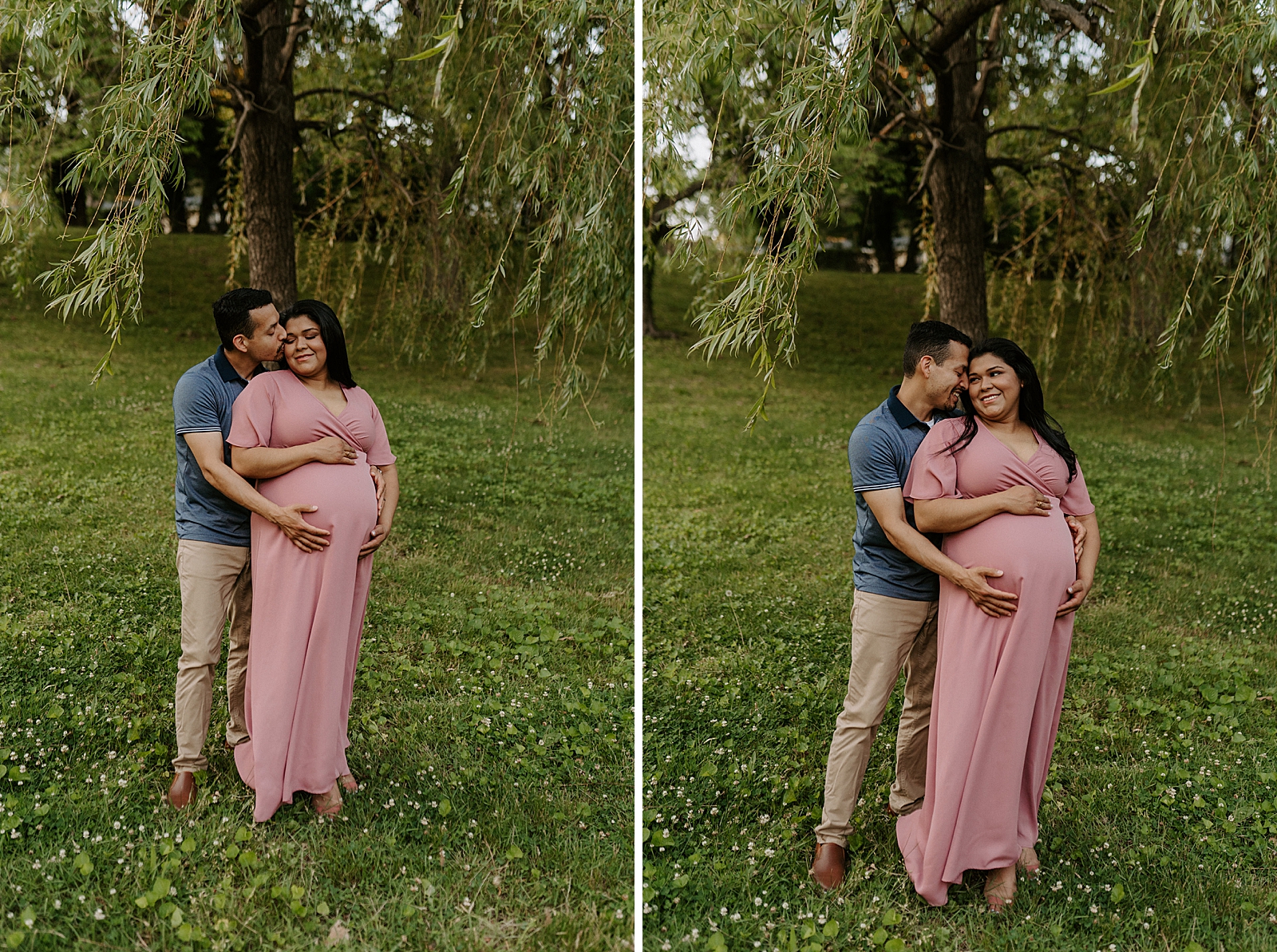 Pregnant couple holding baby bump and husband kissing wife on the cheek