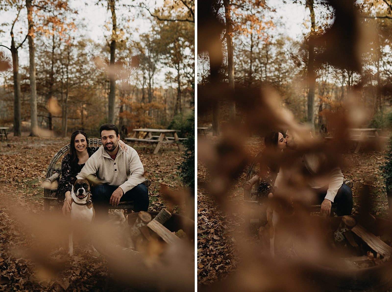 Couple sitting with dog for portrait obstructed by dead fall leafs