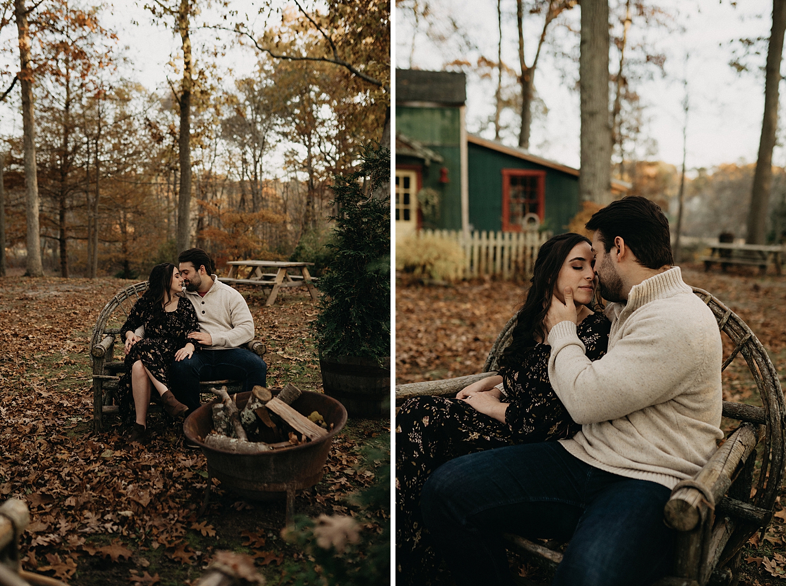 Couple sitting on outdoor straw table and kissing out in autumn leaf forest