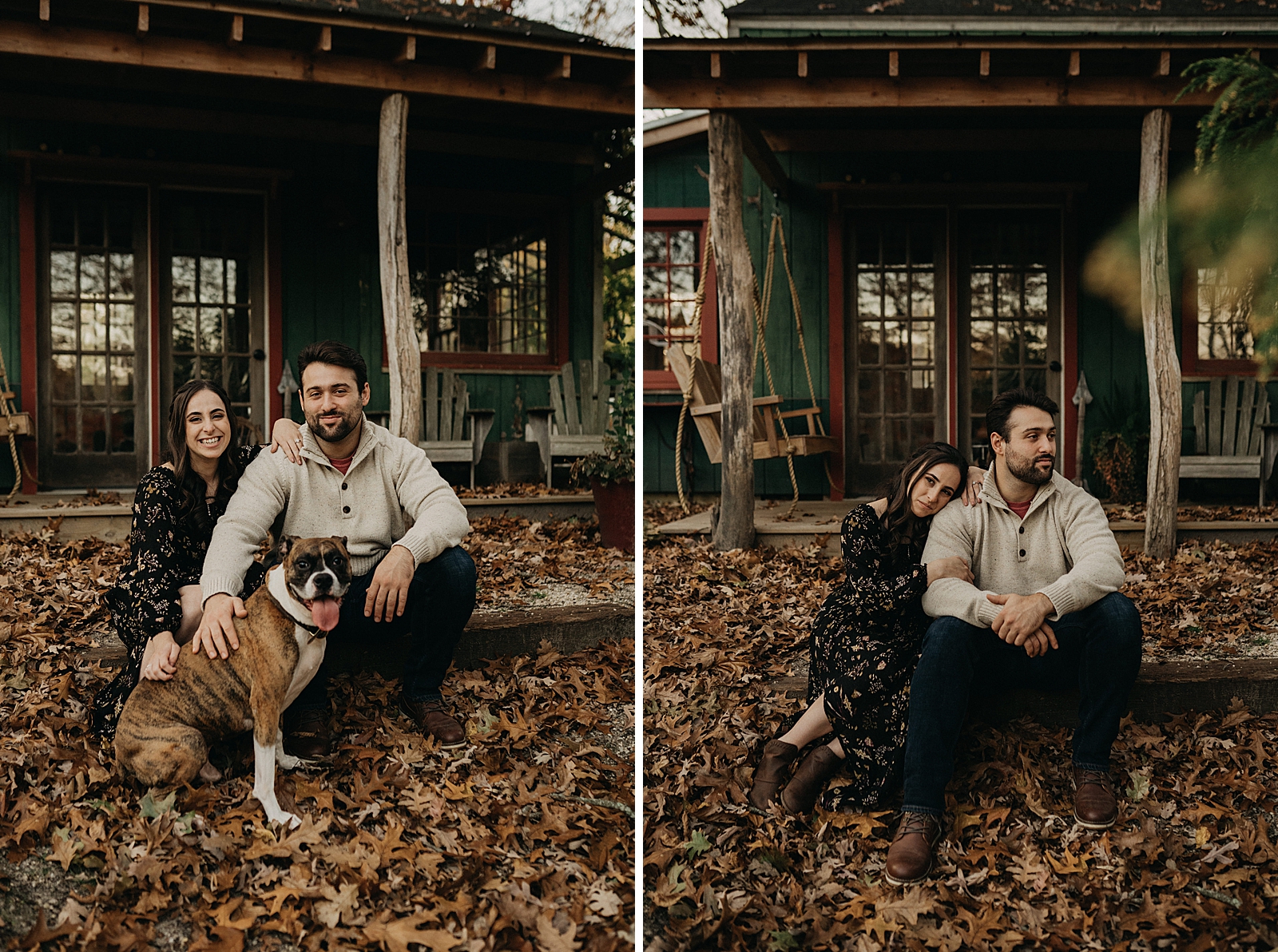 Couple sitting on small step with Autumn leafs all over with dog