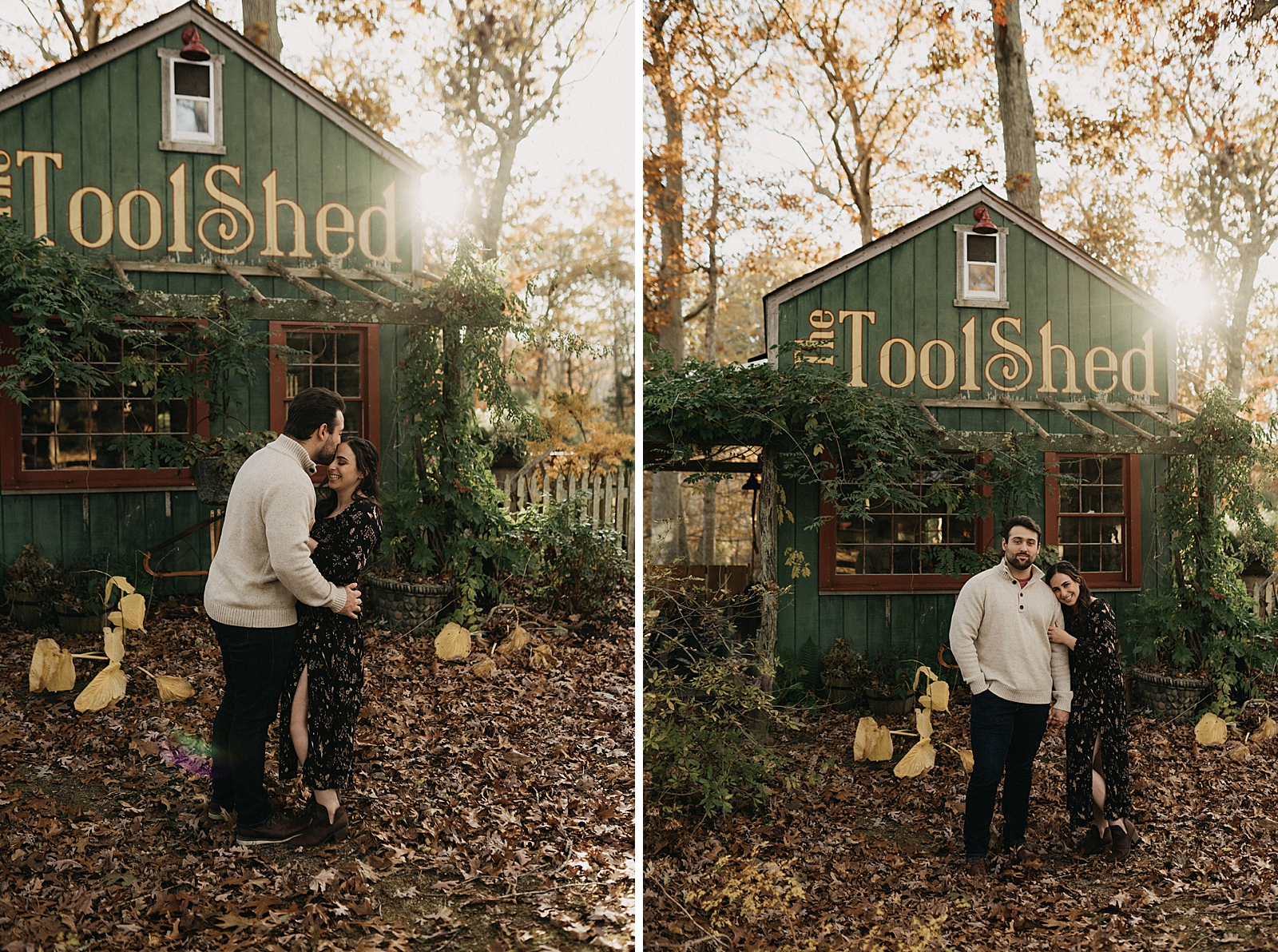 Couple holding each other and man kissing woman on forehead in front of ToolShed