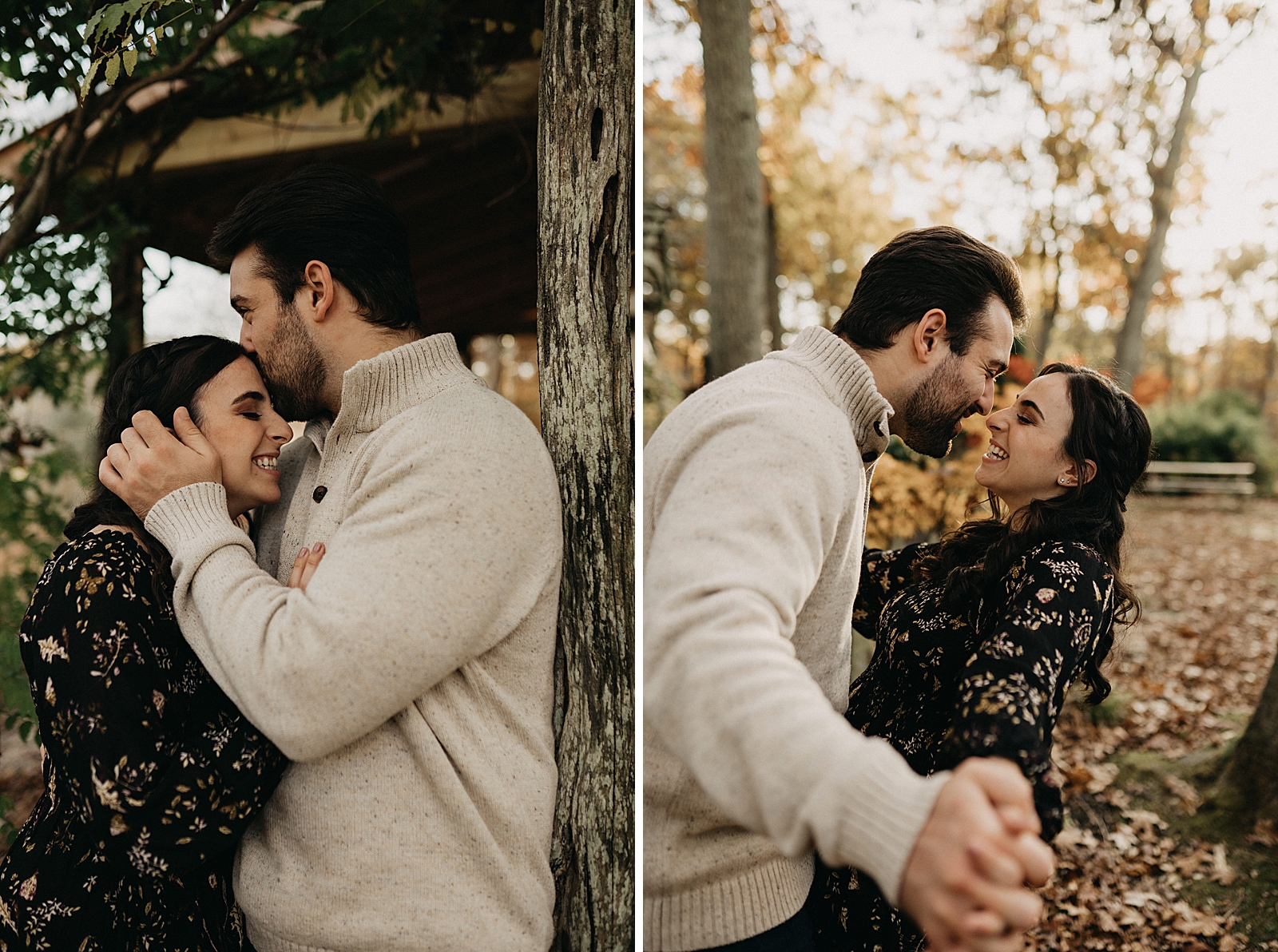 Man kissing woman on forehead outside in fall area