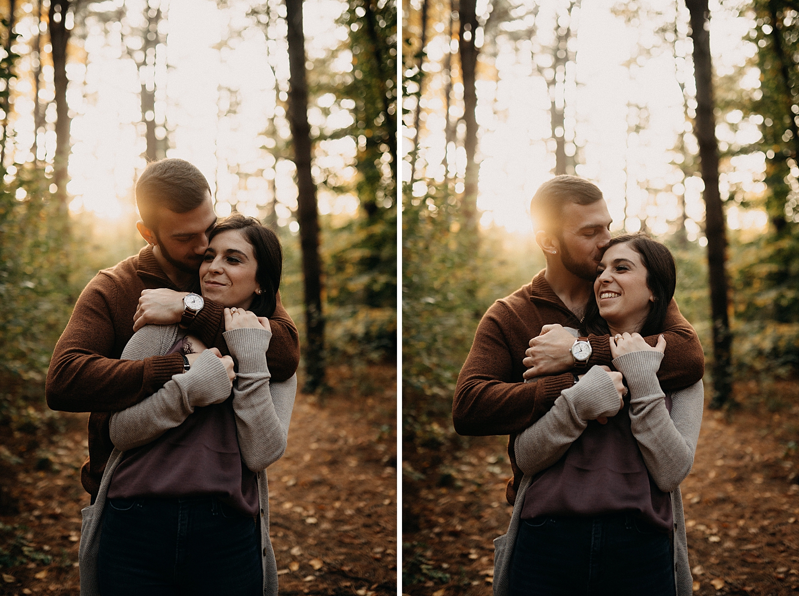 Man holding woman from behind in fall forest with sun shining through trees