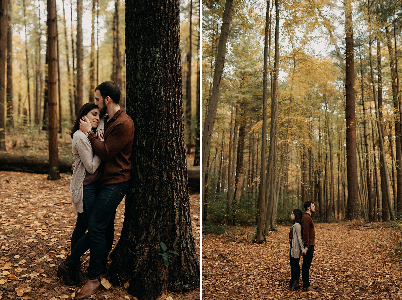 Couple holding each other leaning on tree with autumn leafs on the ground
