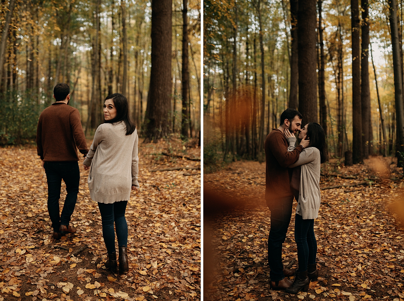 Couple holding hands with woman looking from behind with dead leafs on the ground