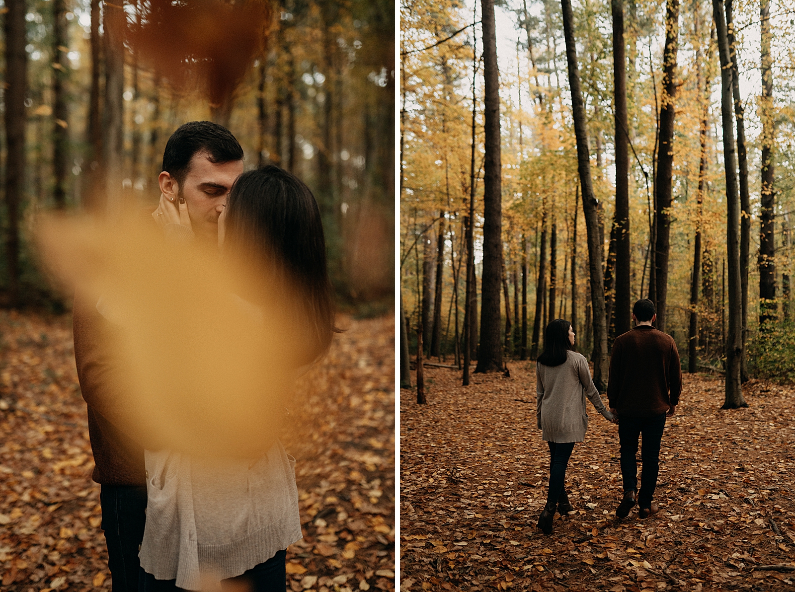 Shot of couple kissing with leaf obstructing couple