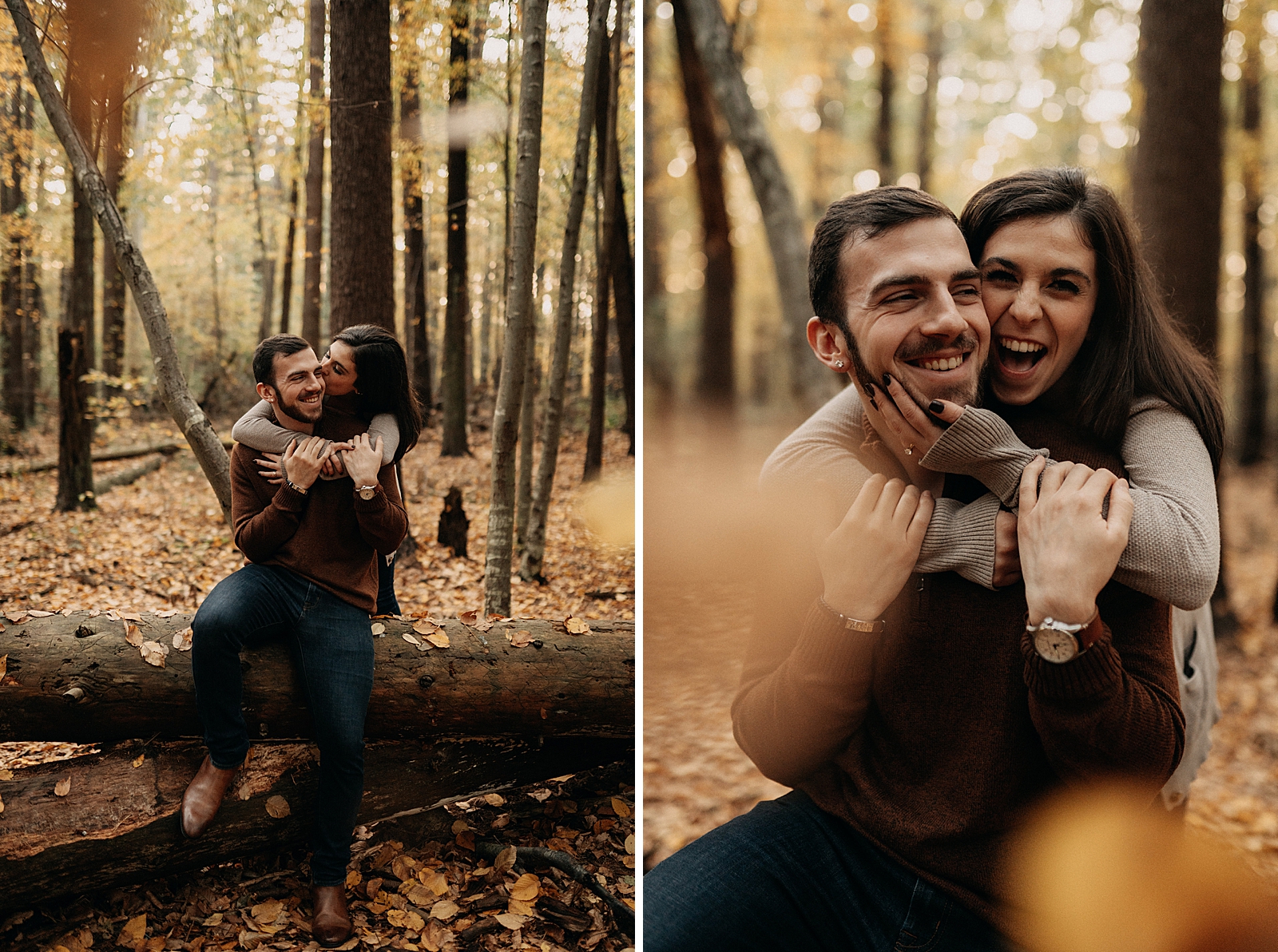 Woman holding man from behind who is sitting on fallen tree trunk in autumn forest