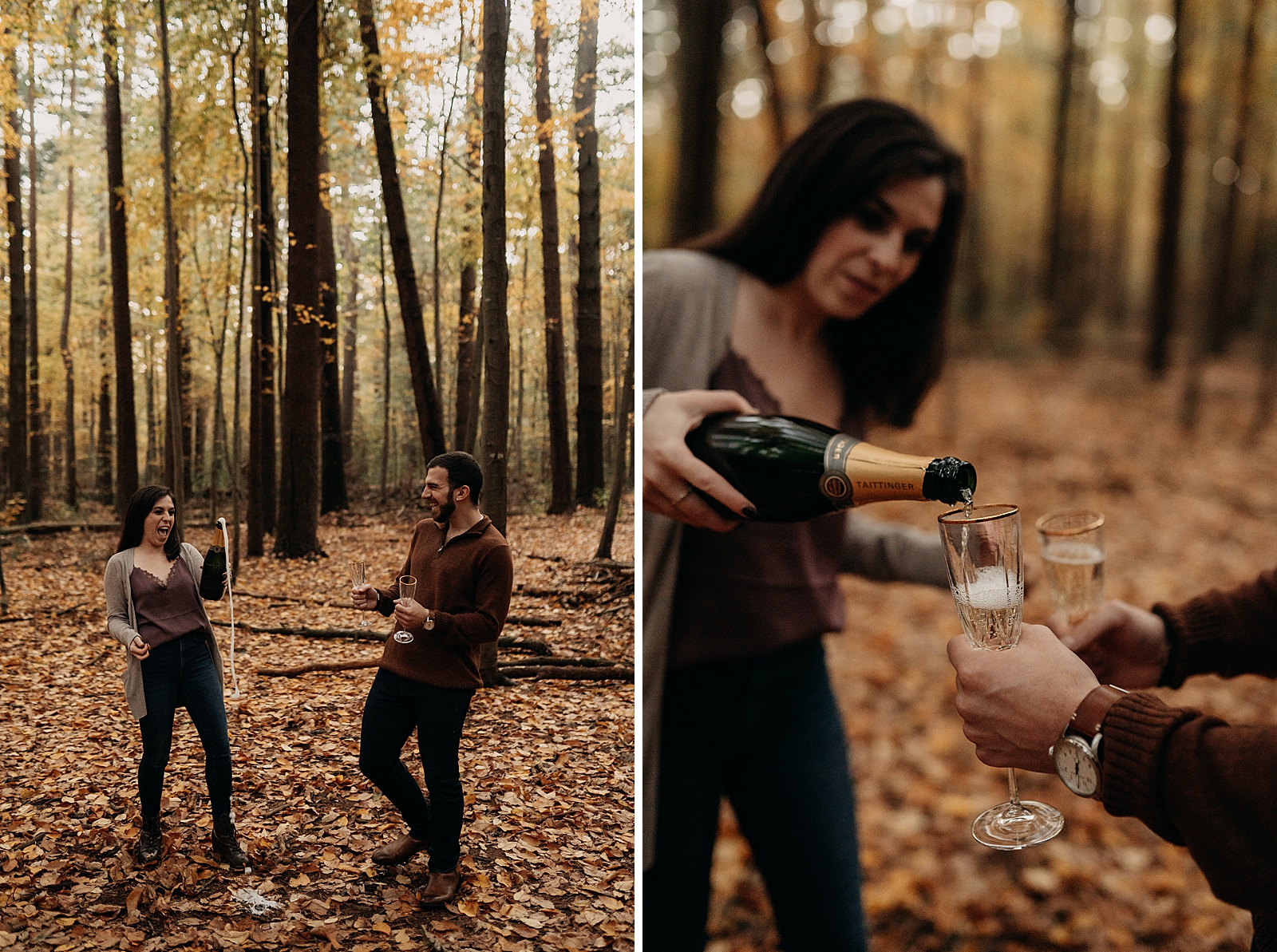Couple popping Champaign in fall forest