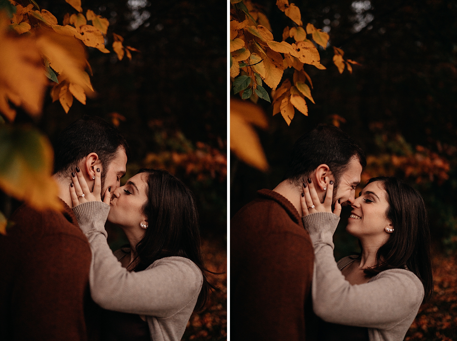 Closeup of couple kissing underneath fall leaf tree