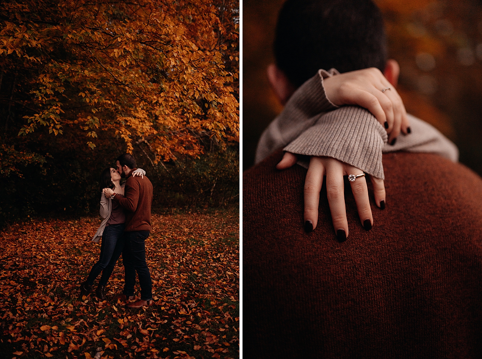 Couple kissing in autumn forest covered in leafs