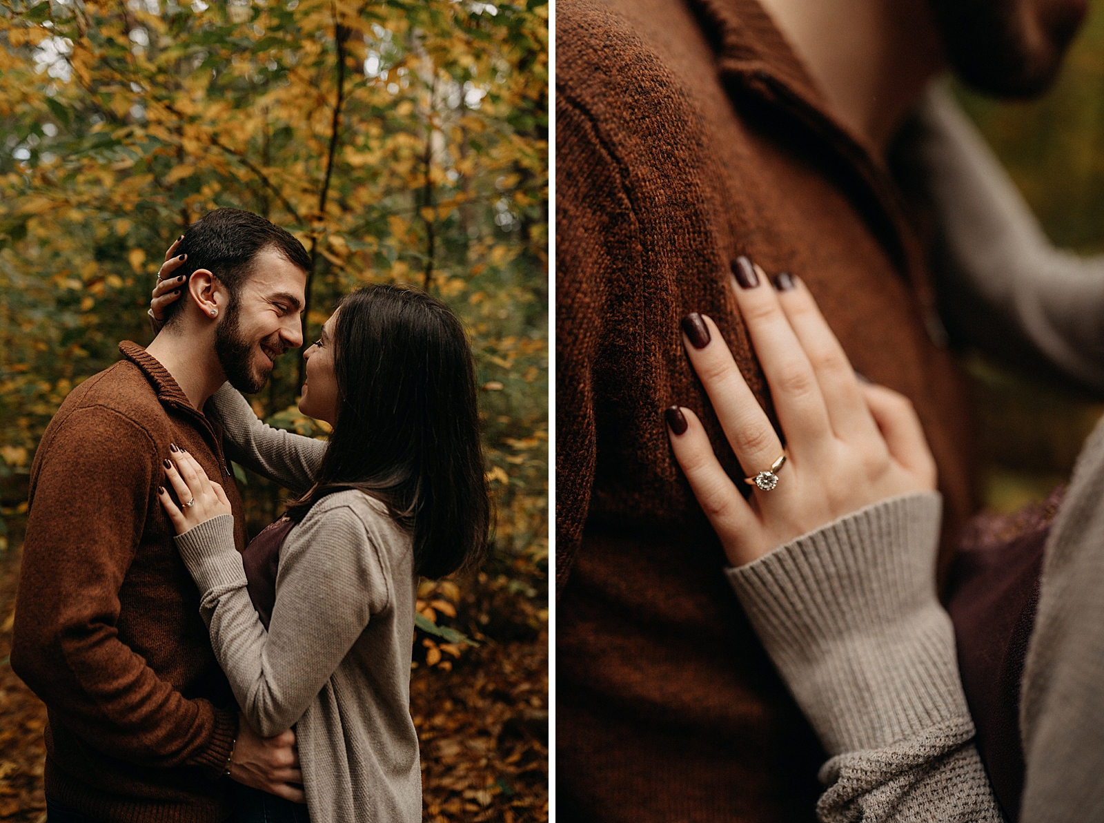 Couple close together and holding each other with engagement ring