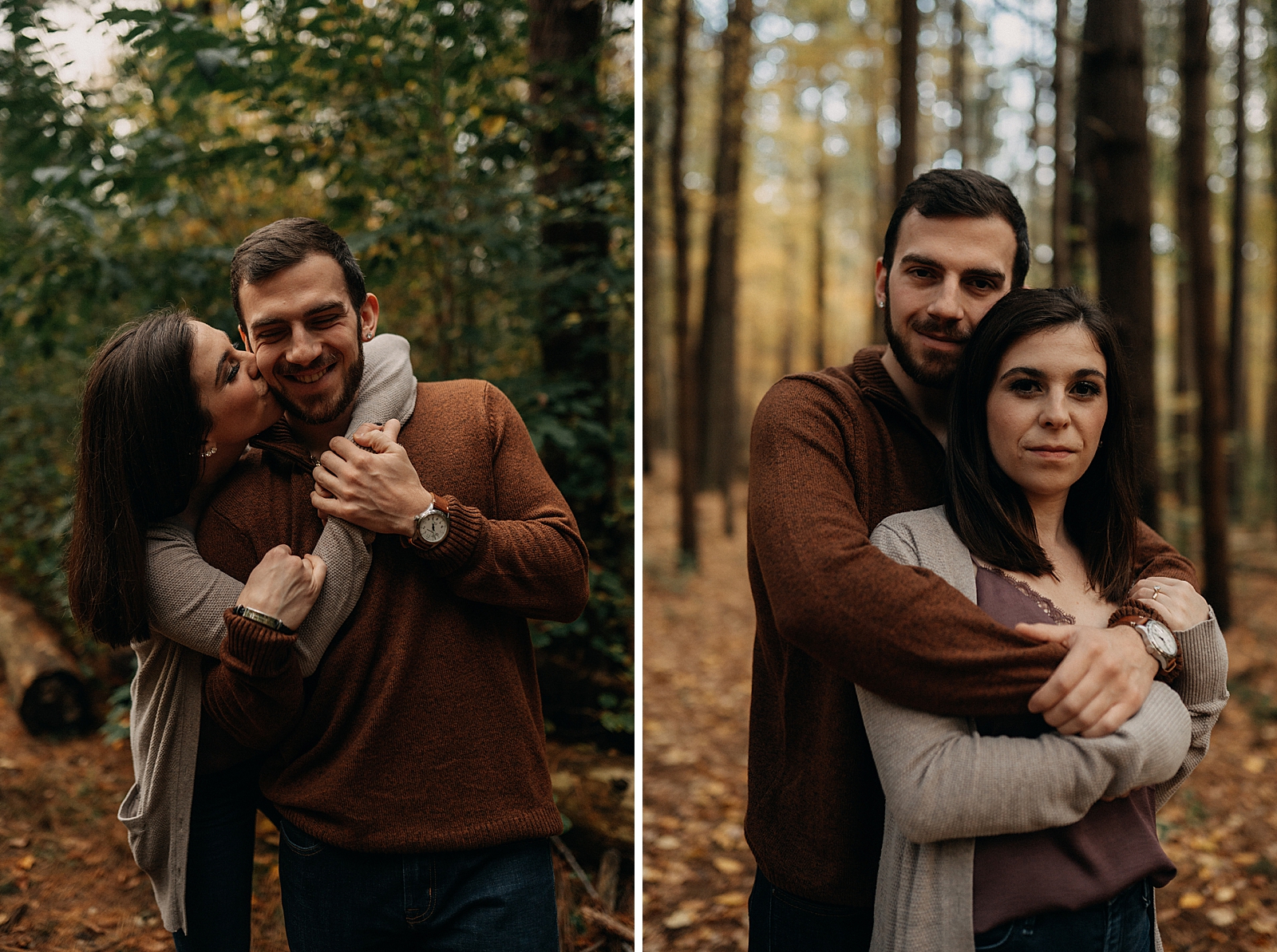 Woman wrapping arms around man in the forest