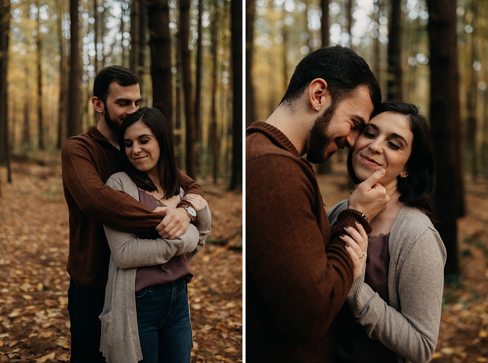 Man wrapping arms around woman in autumn forest