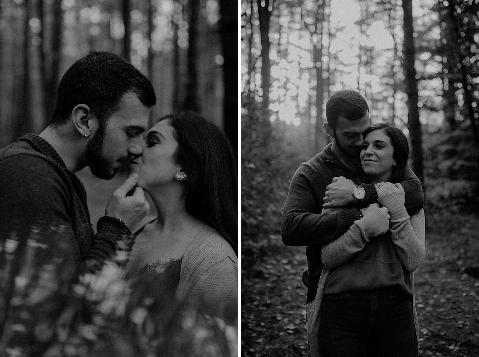 B&W Couple kissing in the forest