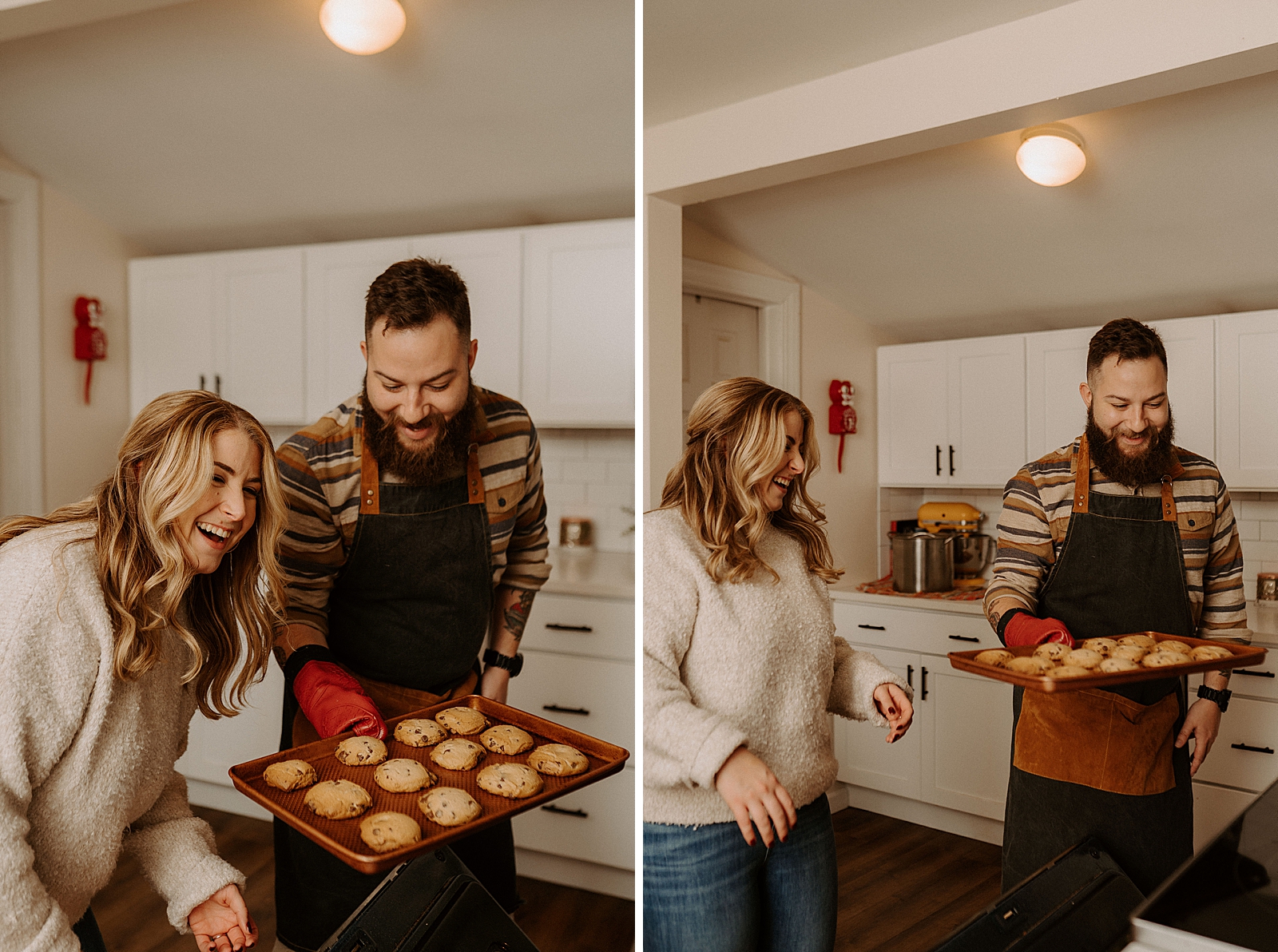 Couple taking out baked homemade chocolate cookies