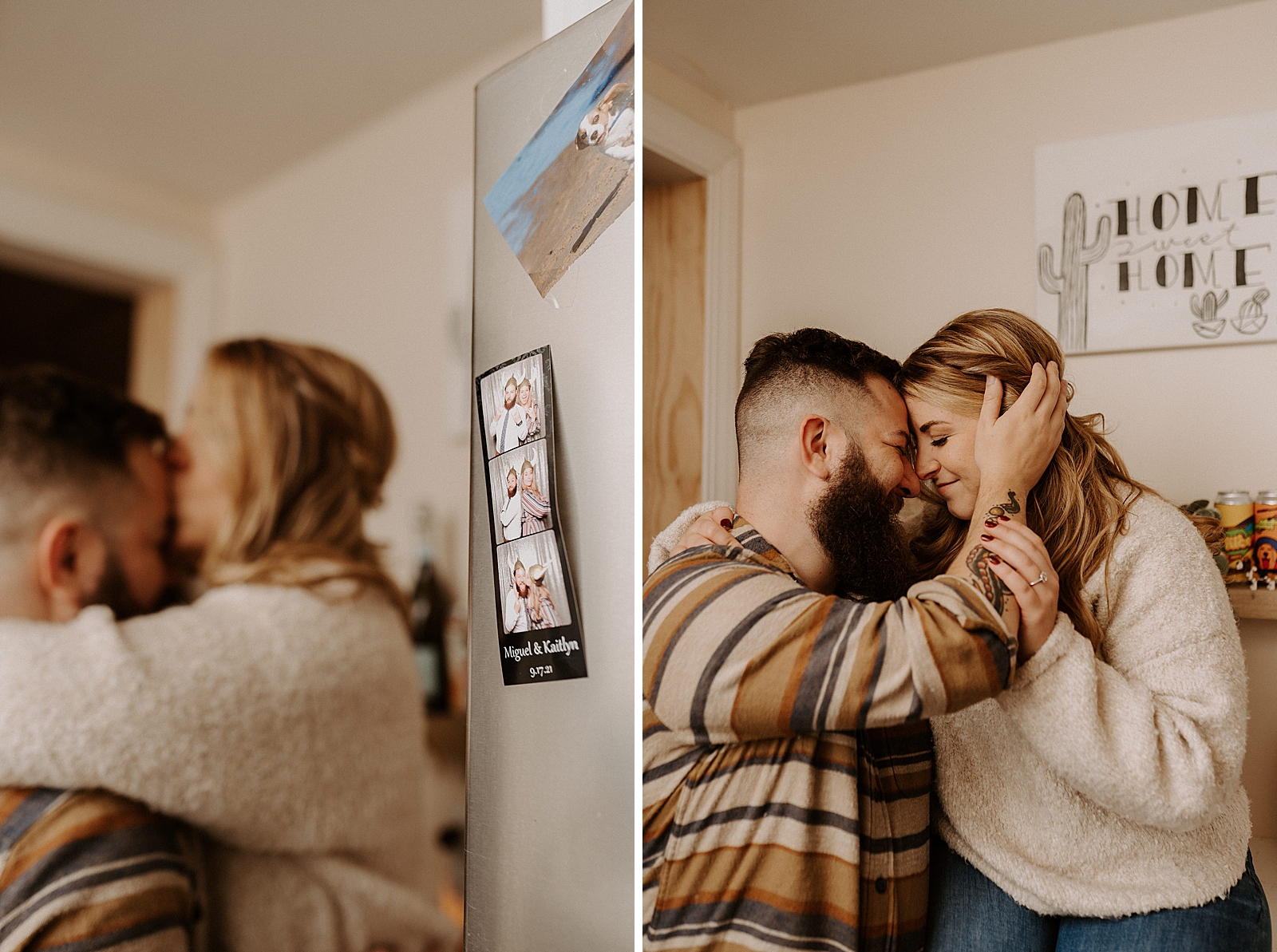blurry woman kissing man on forehead and nuzzling heads