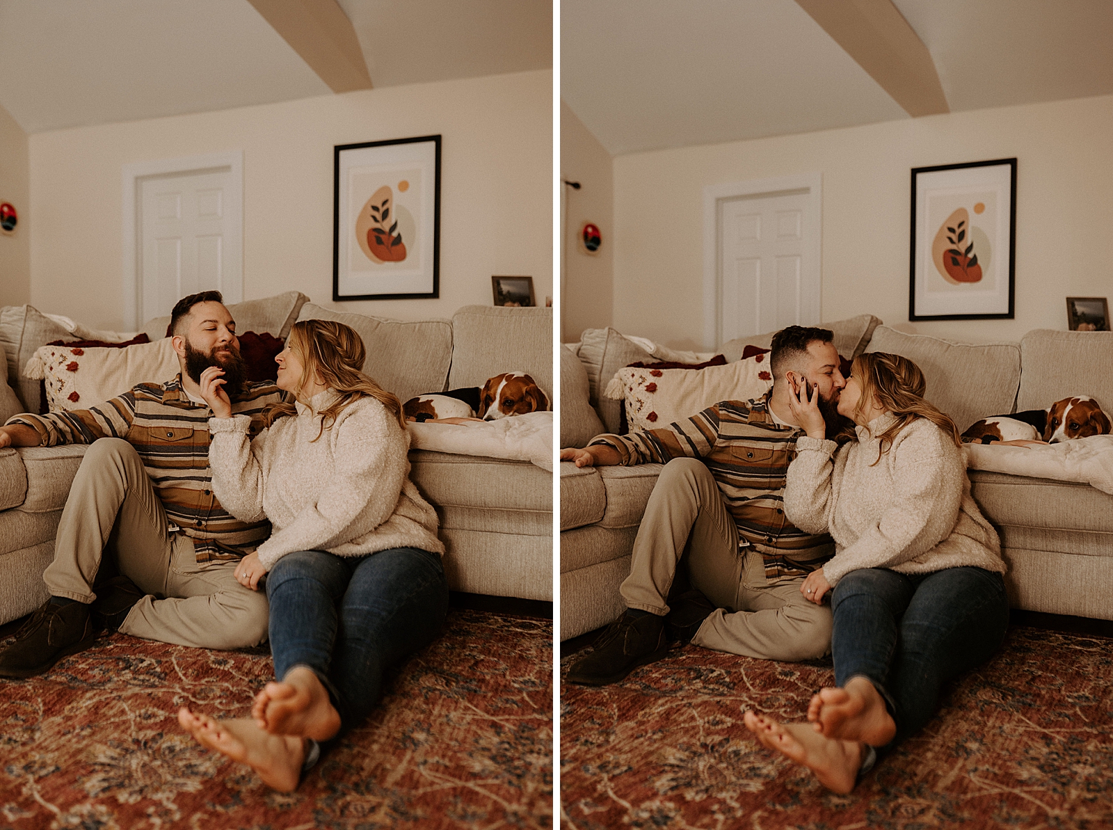 Woman playing with man's beard and kissing while sitting on caroet against couch