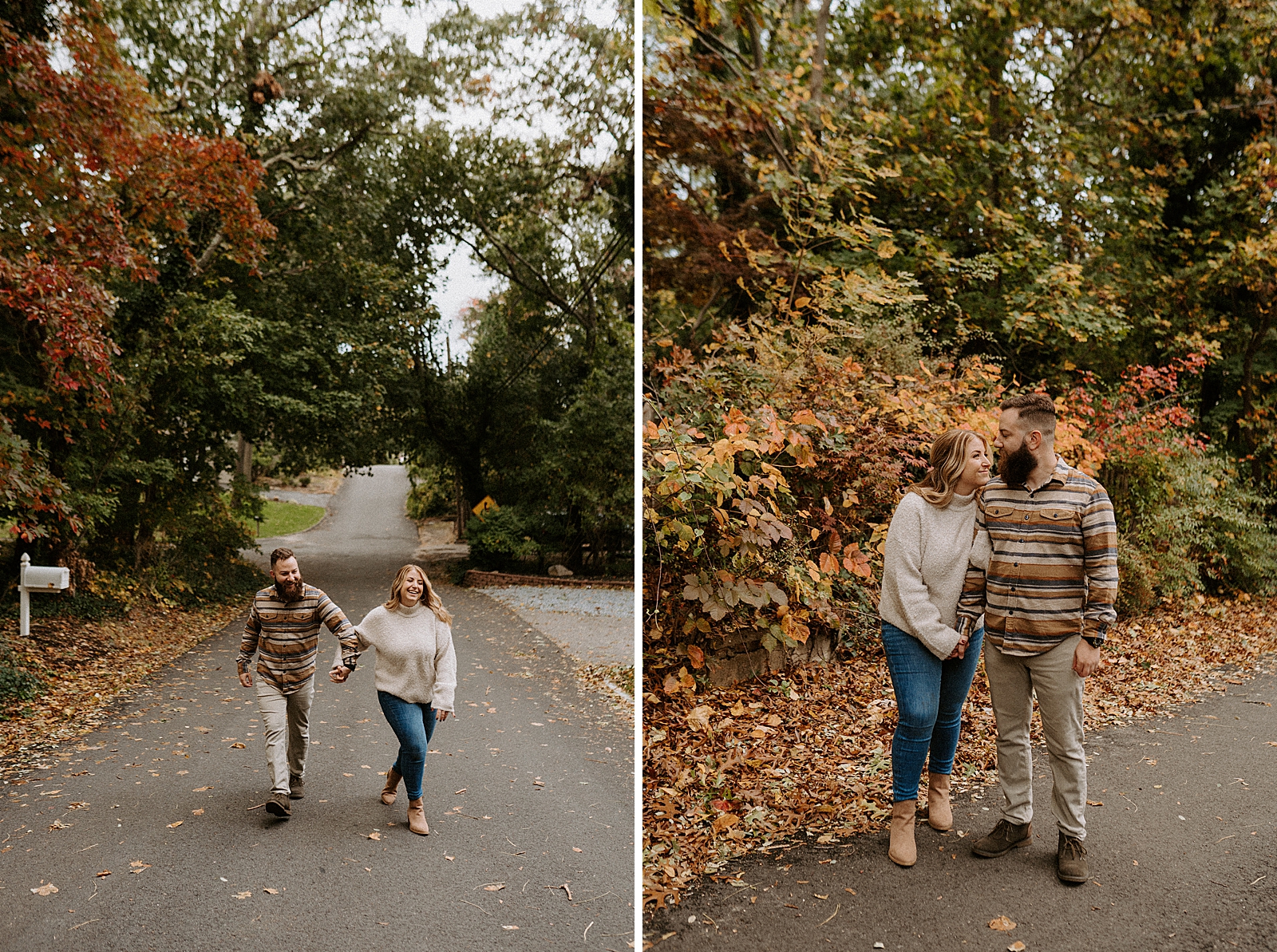 Couple holding hands and walking down the middle of the street with Fall trees around