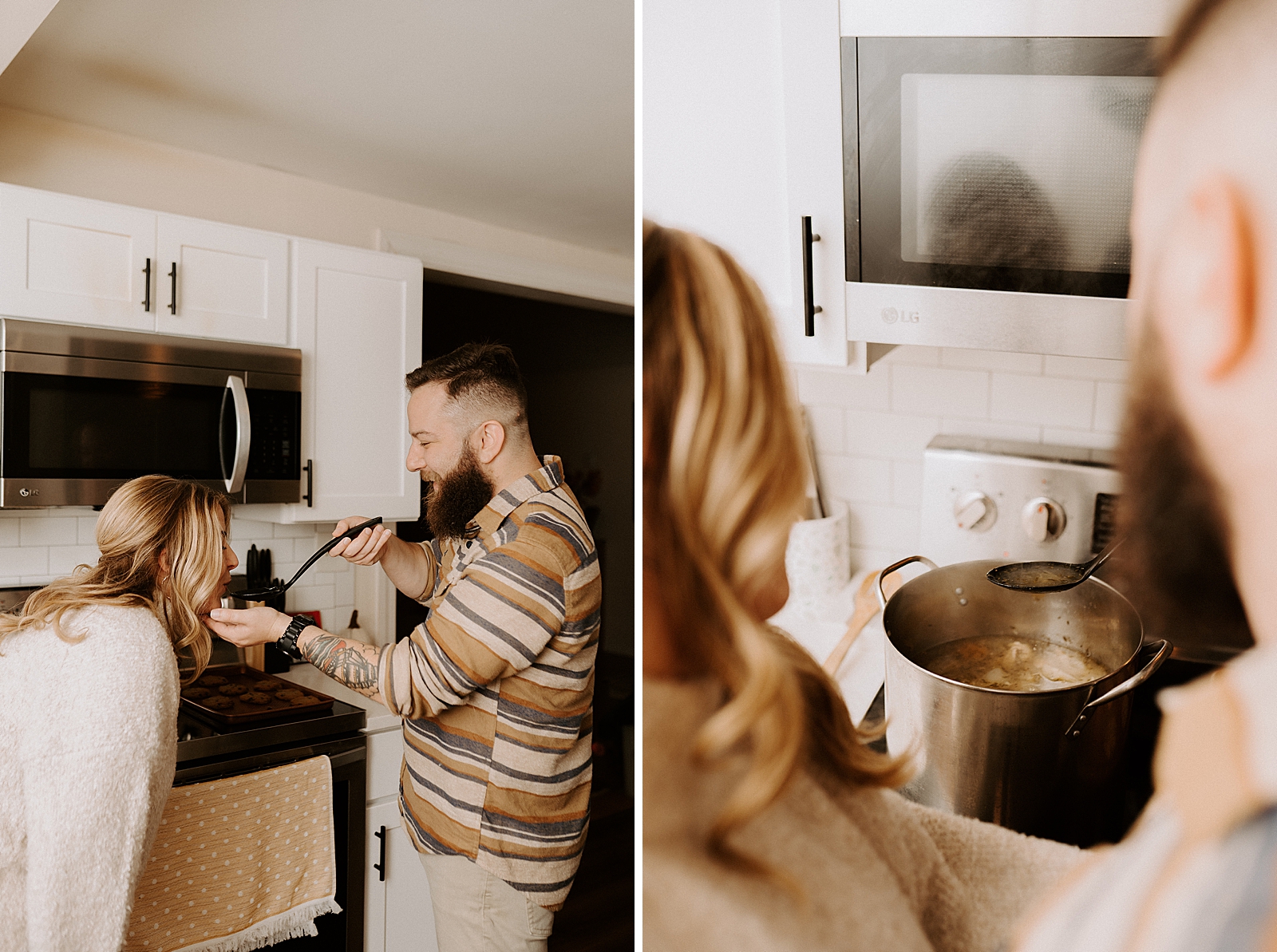 Man letting woman taste soup from laddle cooking