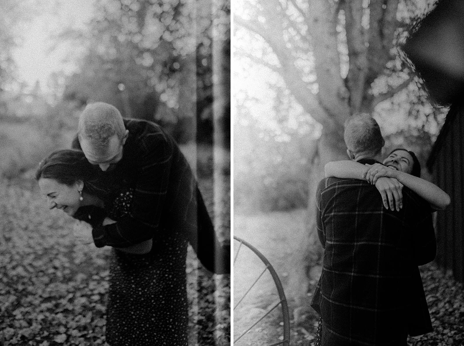 B&W woman with man on her back out in fall field