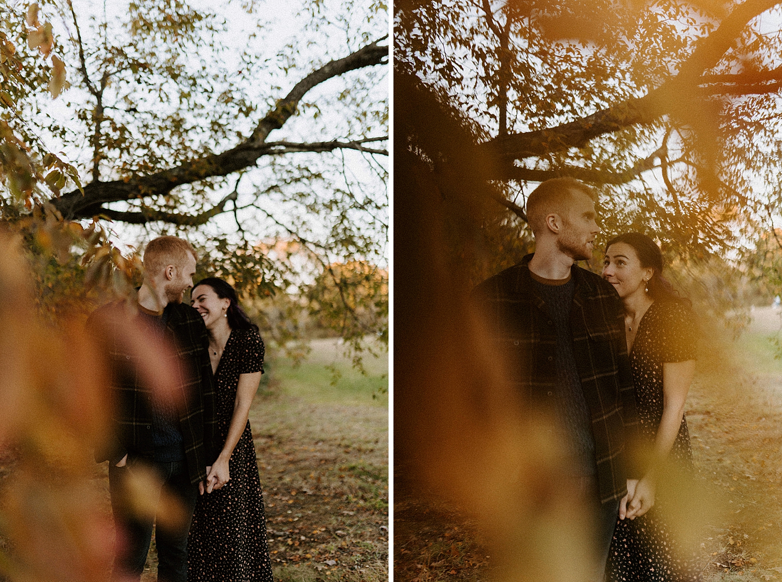 Couple holding hands under tree with blurry leafs in front of them