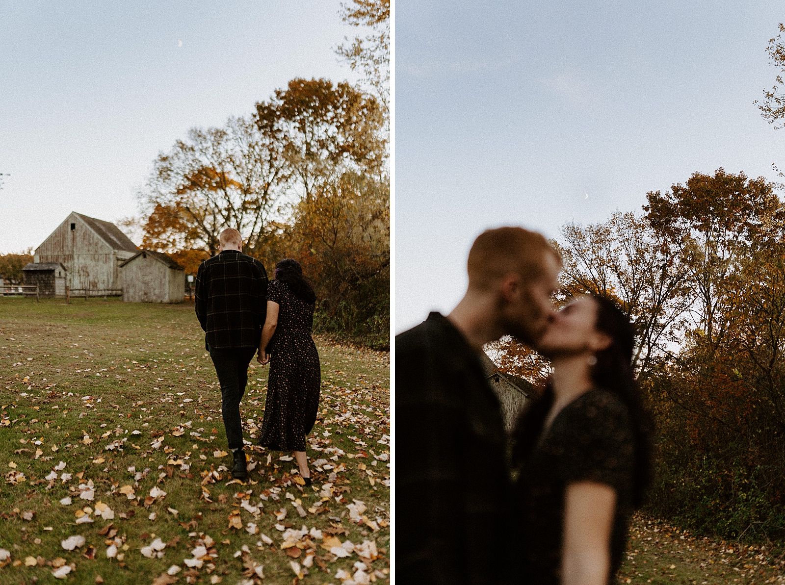 Couple walking on fall leaf field and kissing