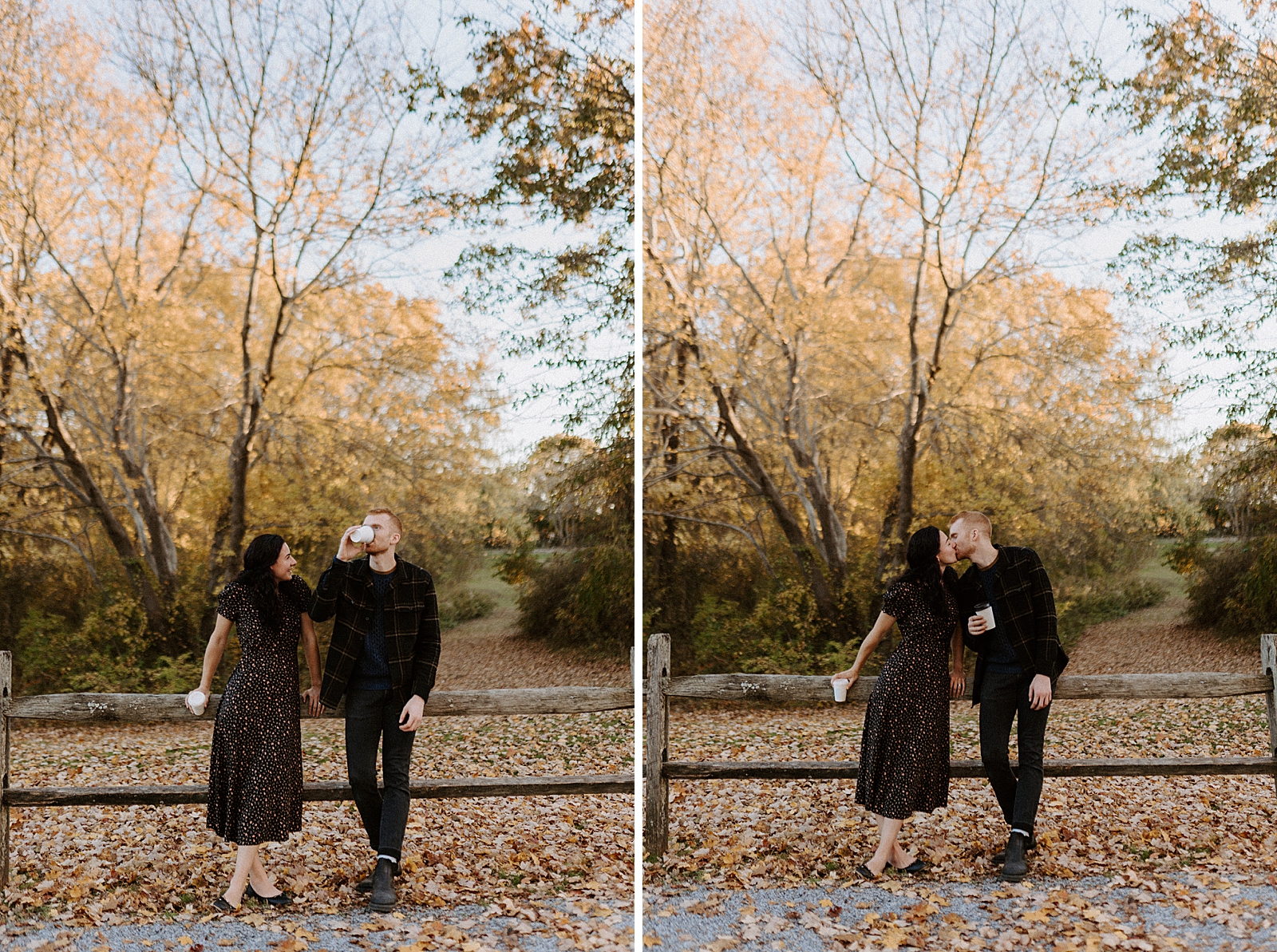 Couple leaning on simple fence with fall leafs on the ground drinking and kissing