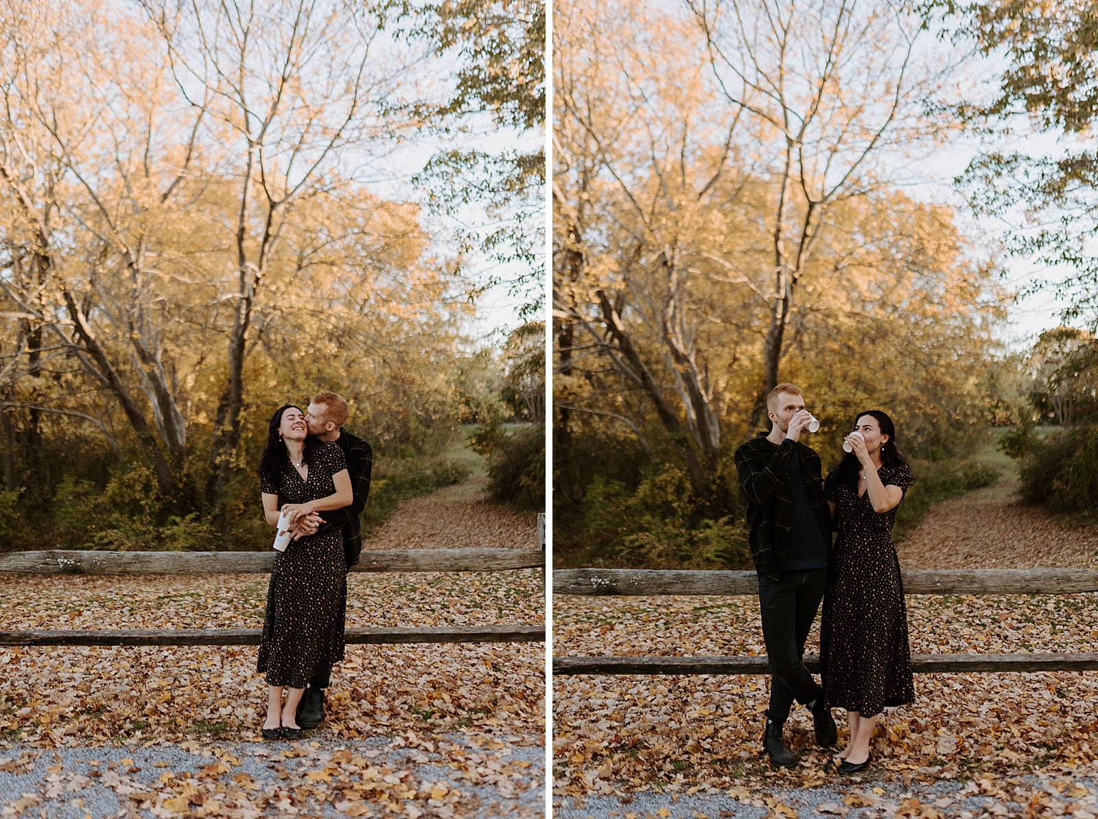 Man holding woman and kissing her on the cheek with autumn leafs on the ground