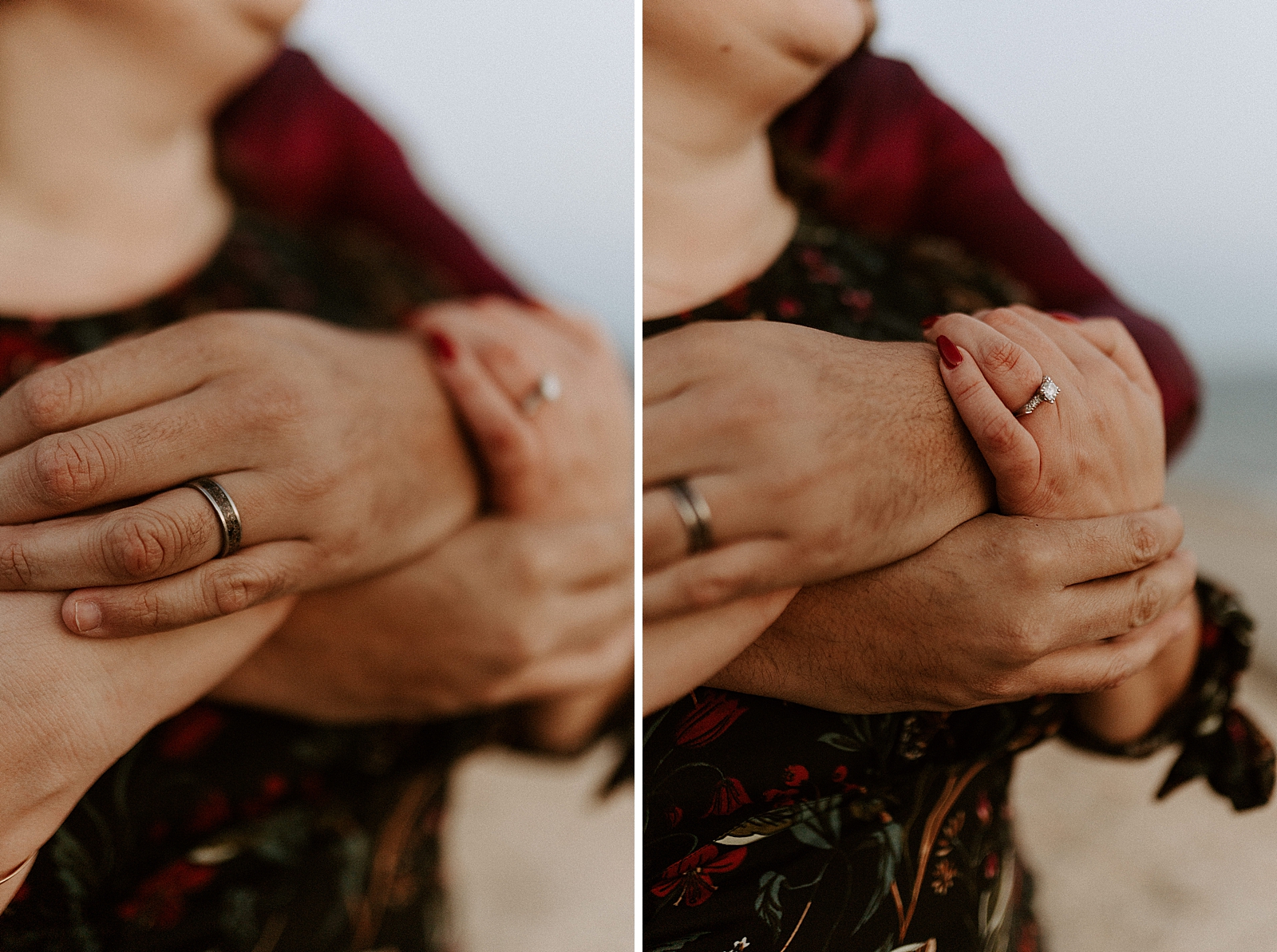 Closeup of couple holding each others arms with rings on