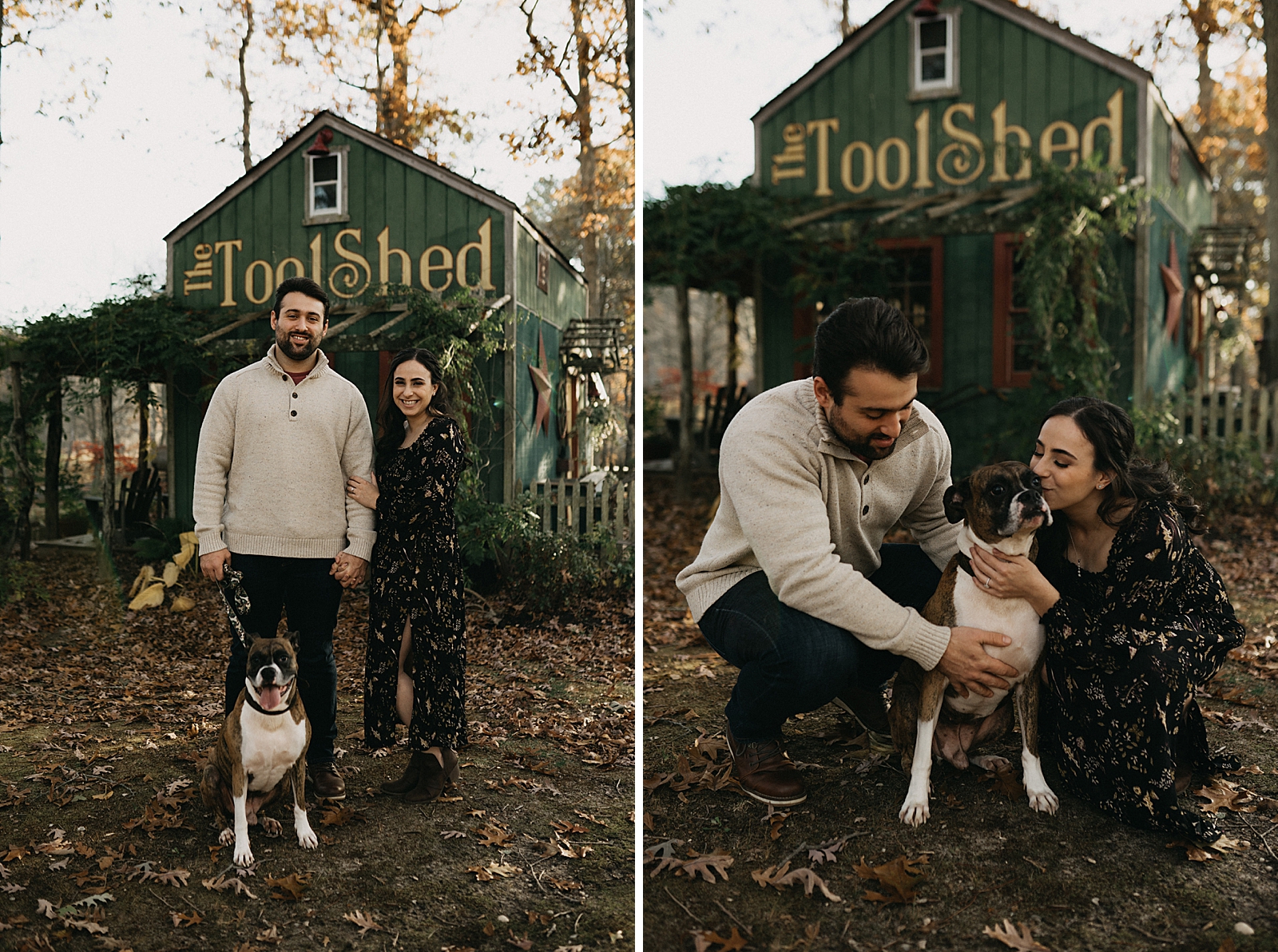 Couple standing together with dog on leash in front of The Tool Shed