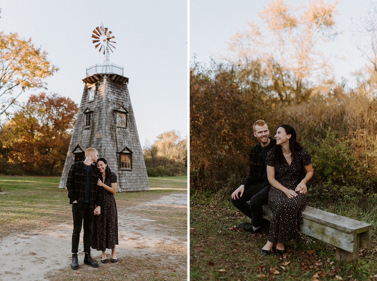 Couple standing together in front of rustic windmill