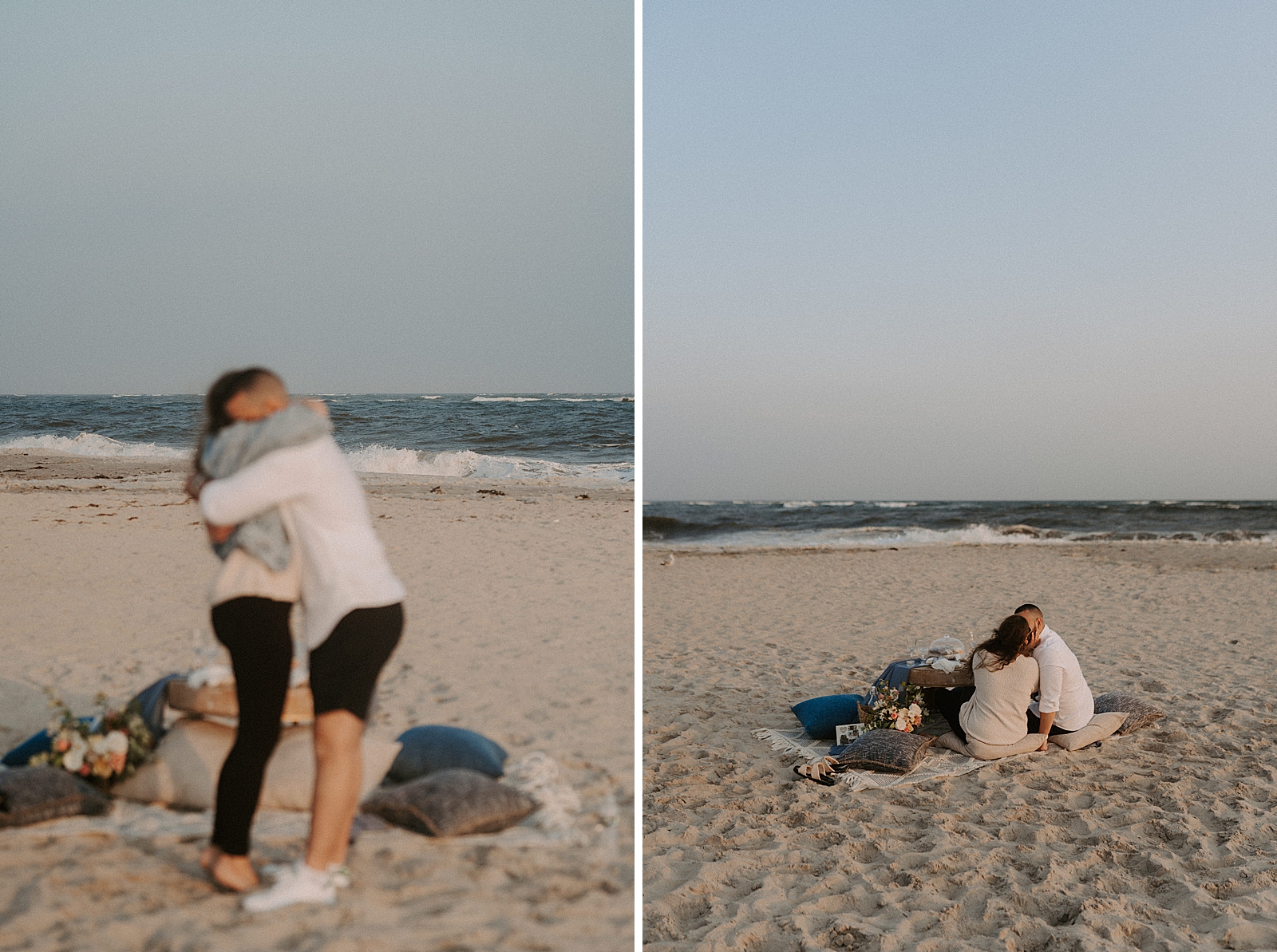 Couple hugging after engagement on beach
