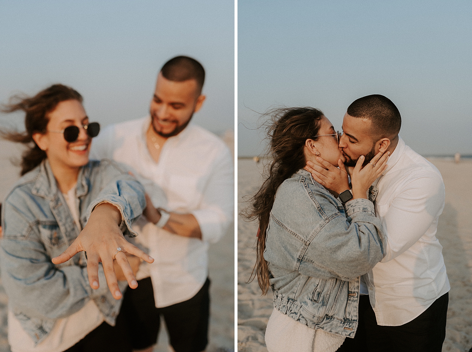 Woman showing off engagement ring and kissing man