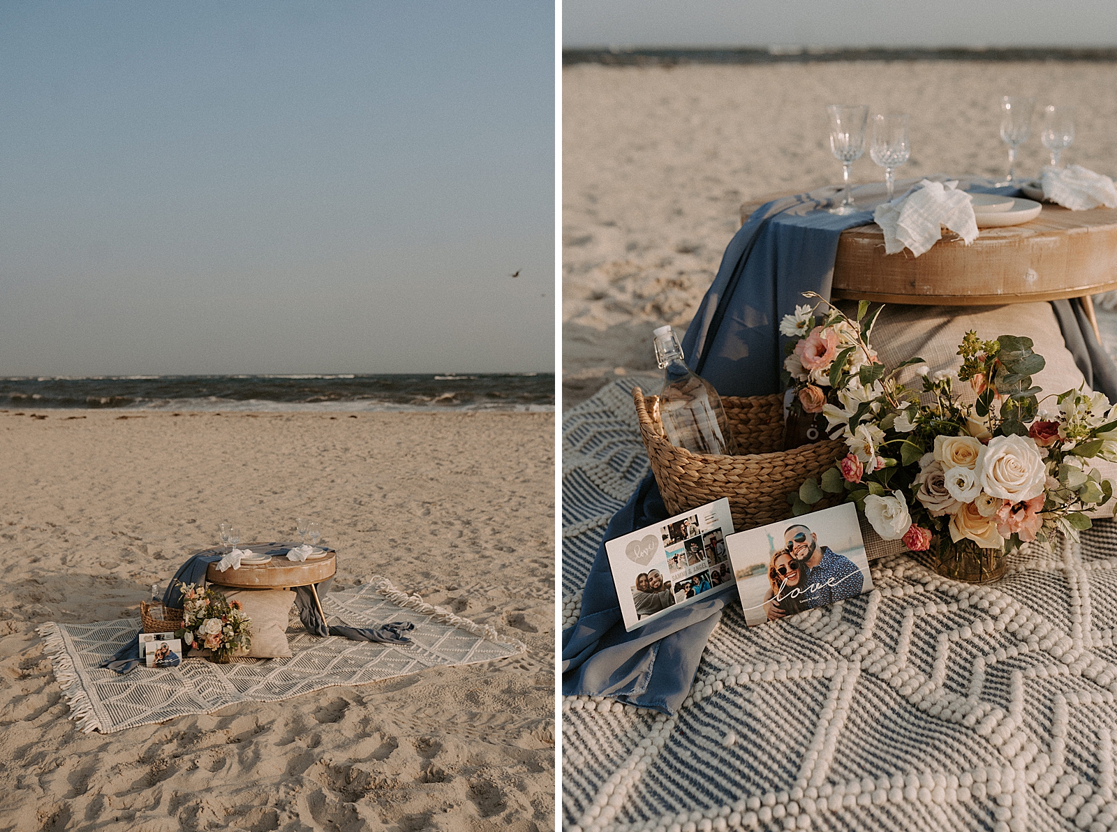 Detail shot of beach towel setup with pictures and flowers