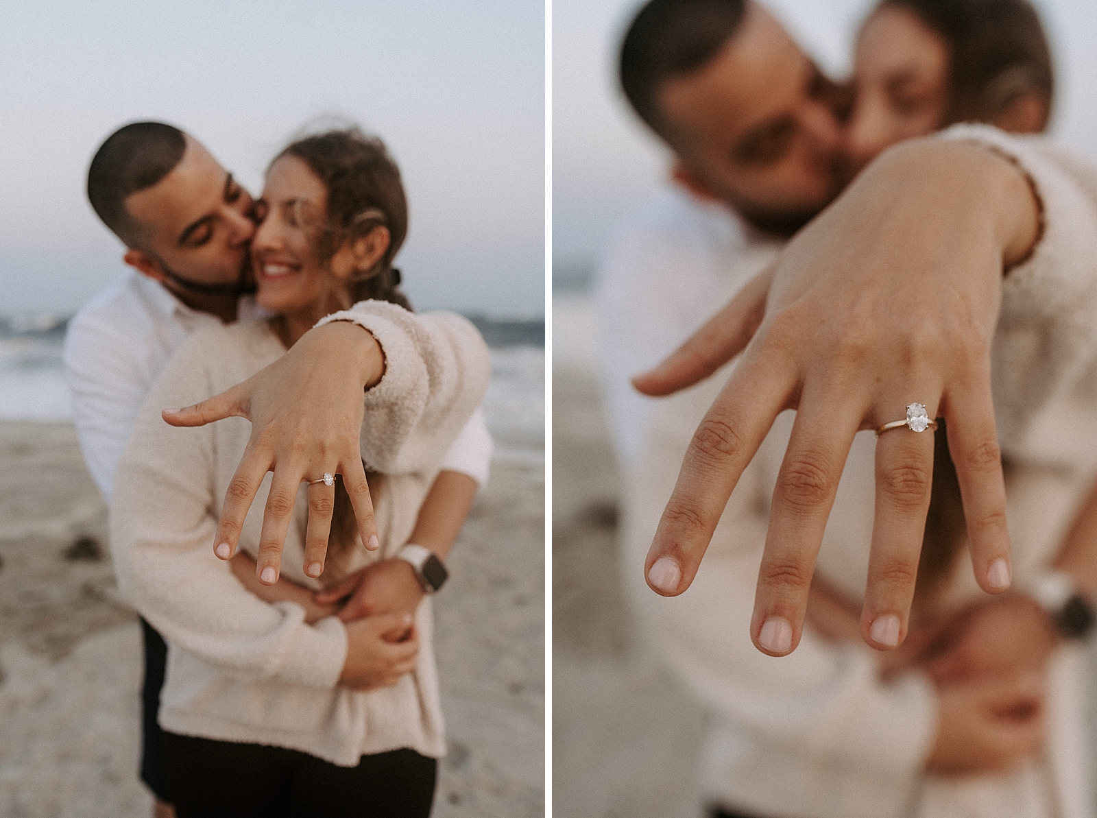 Man holding woman and her extending hand out showing off engagement ring