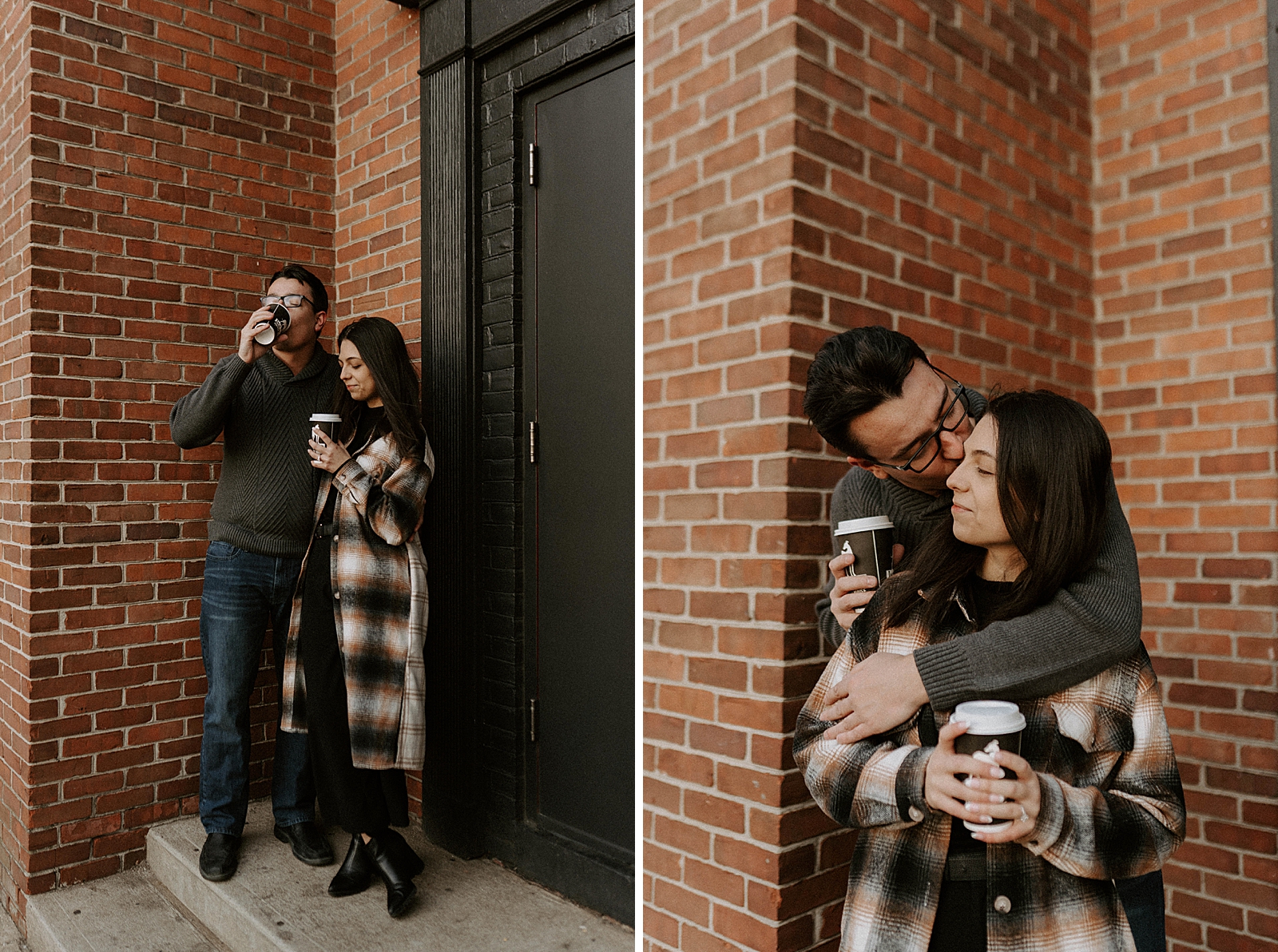 Couple standing in corner of red brick building drinking coffee