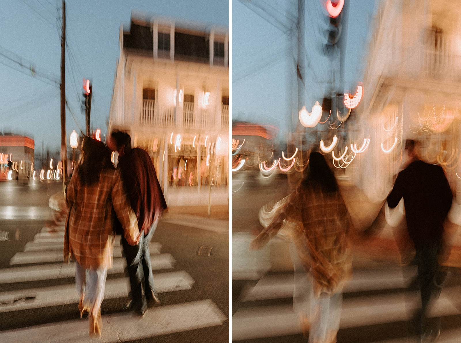 Blurry portraits of couple crossing the street