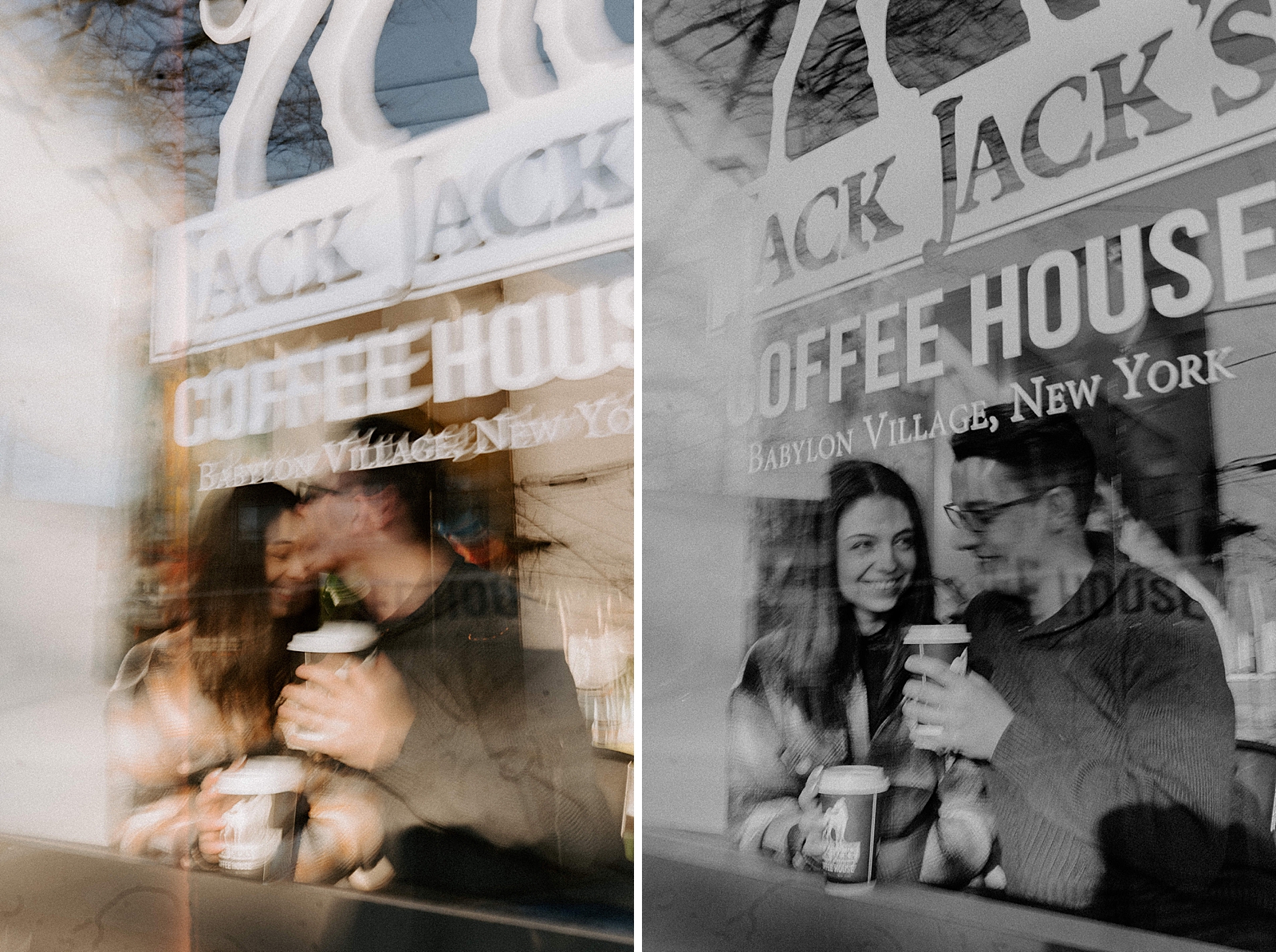 Blurry through glass window portrait of couple leaning towards each other with coffe