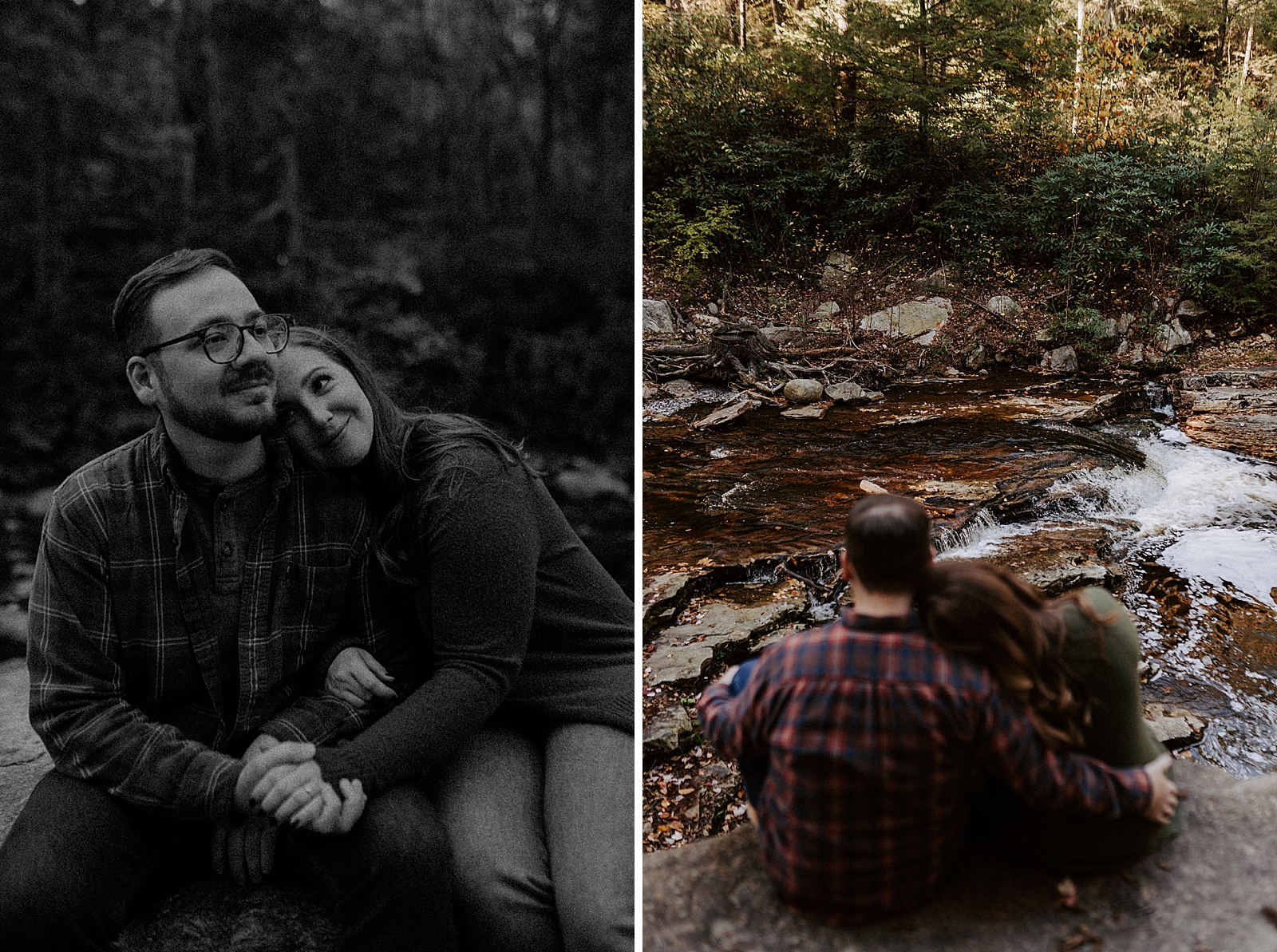 B&W Couple sitting down in forest