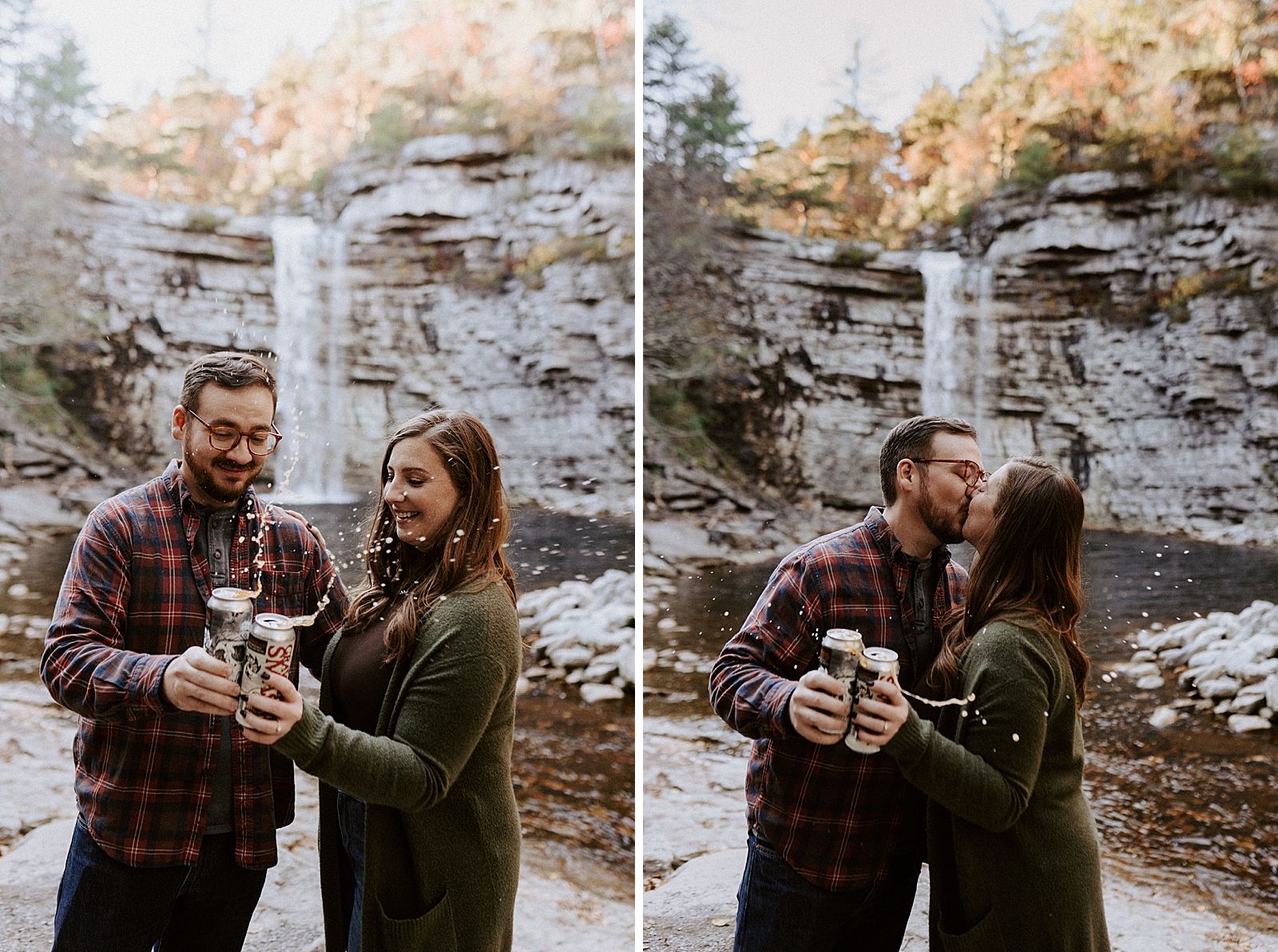 Couple cheering beer cans in front of waterfall