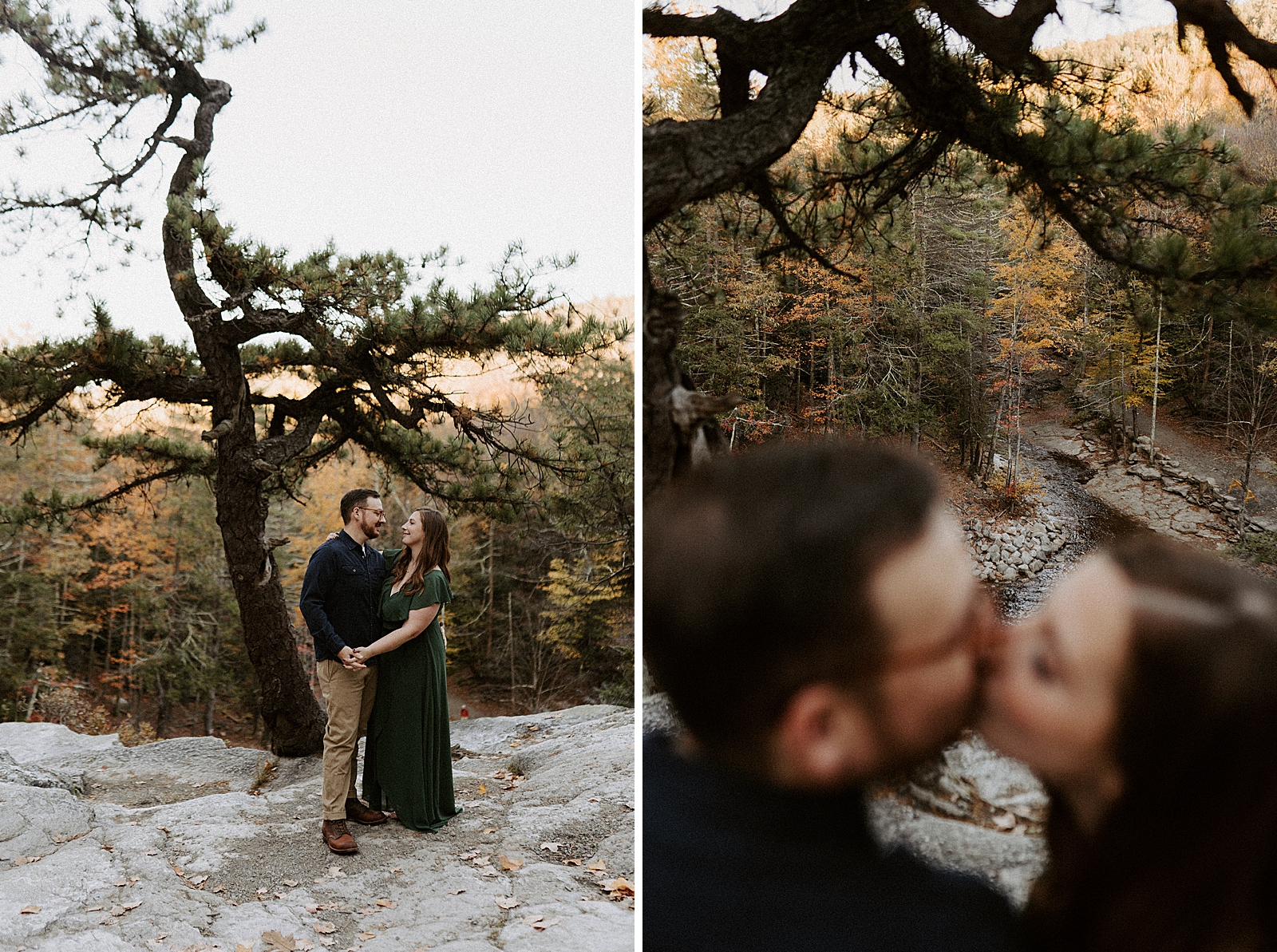 Couple standing together and looking at each other next to tree by cliffside
