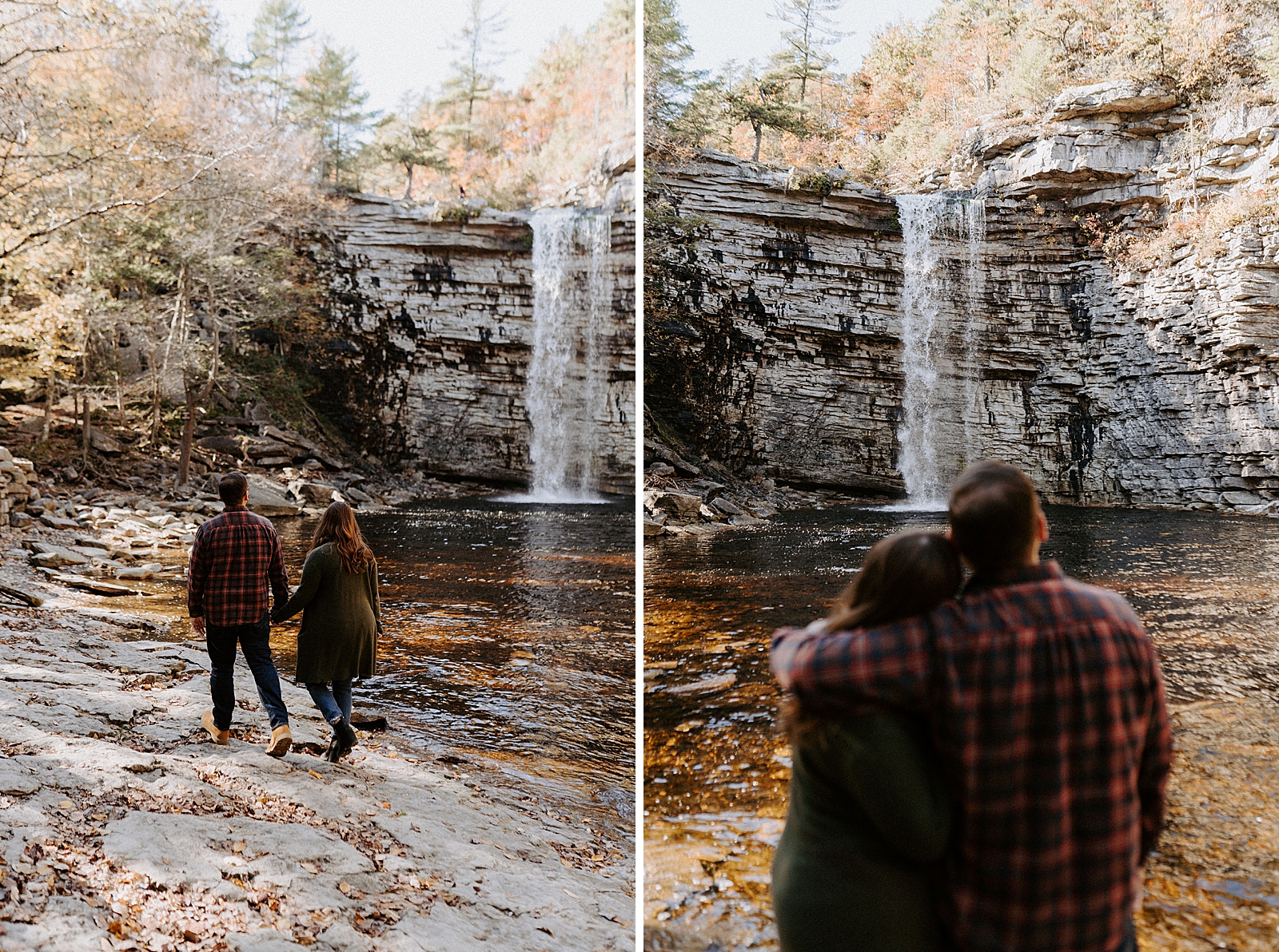 Couple holding hands and watching water run off cliff into small lake
